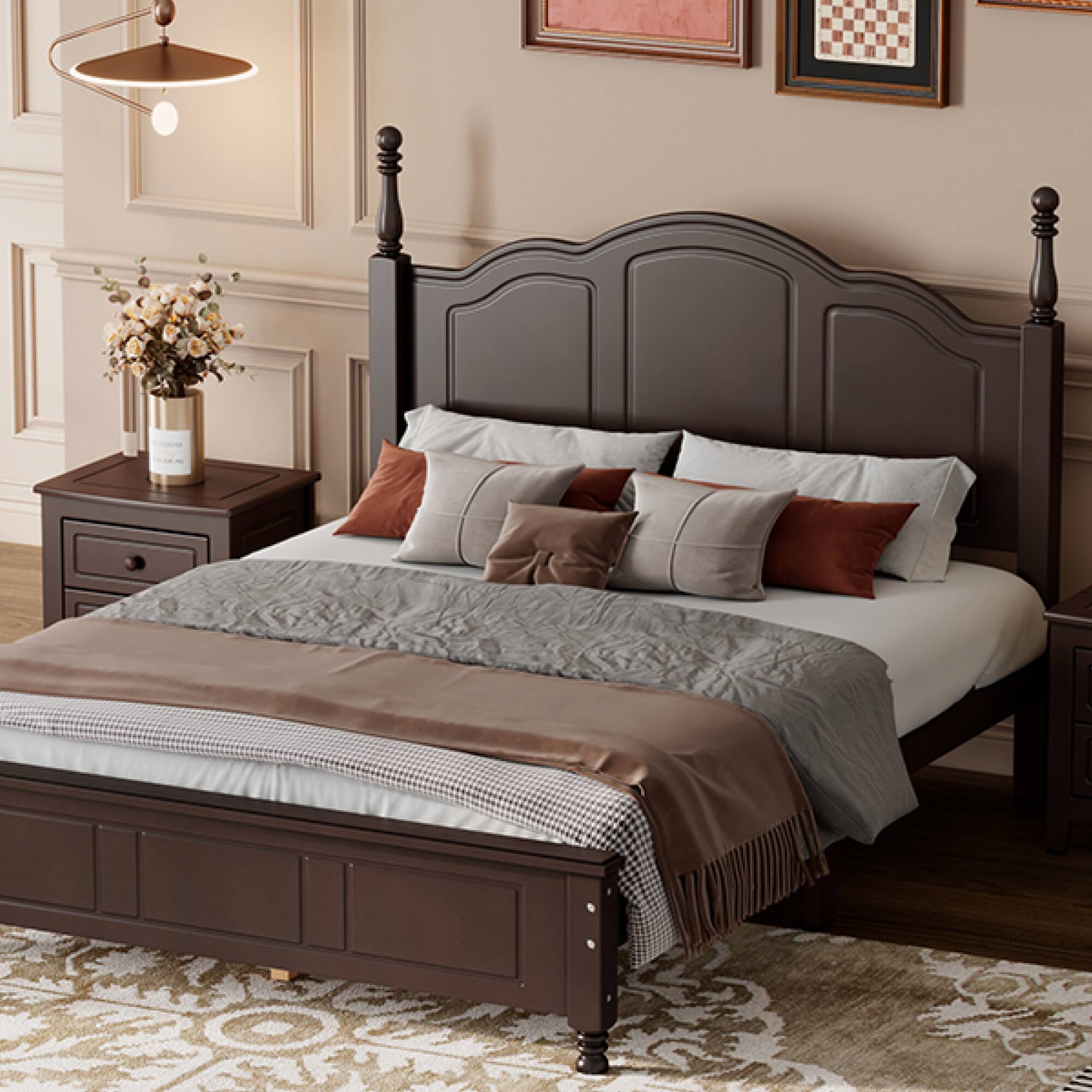 Alt View 6. GOODSILO - Full Size Wood Platform Bed Frame with Wooden Slat Support, Retro Style Headboard for Enhanced Bedroom Aesthetics - Walnut.