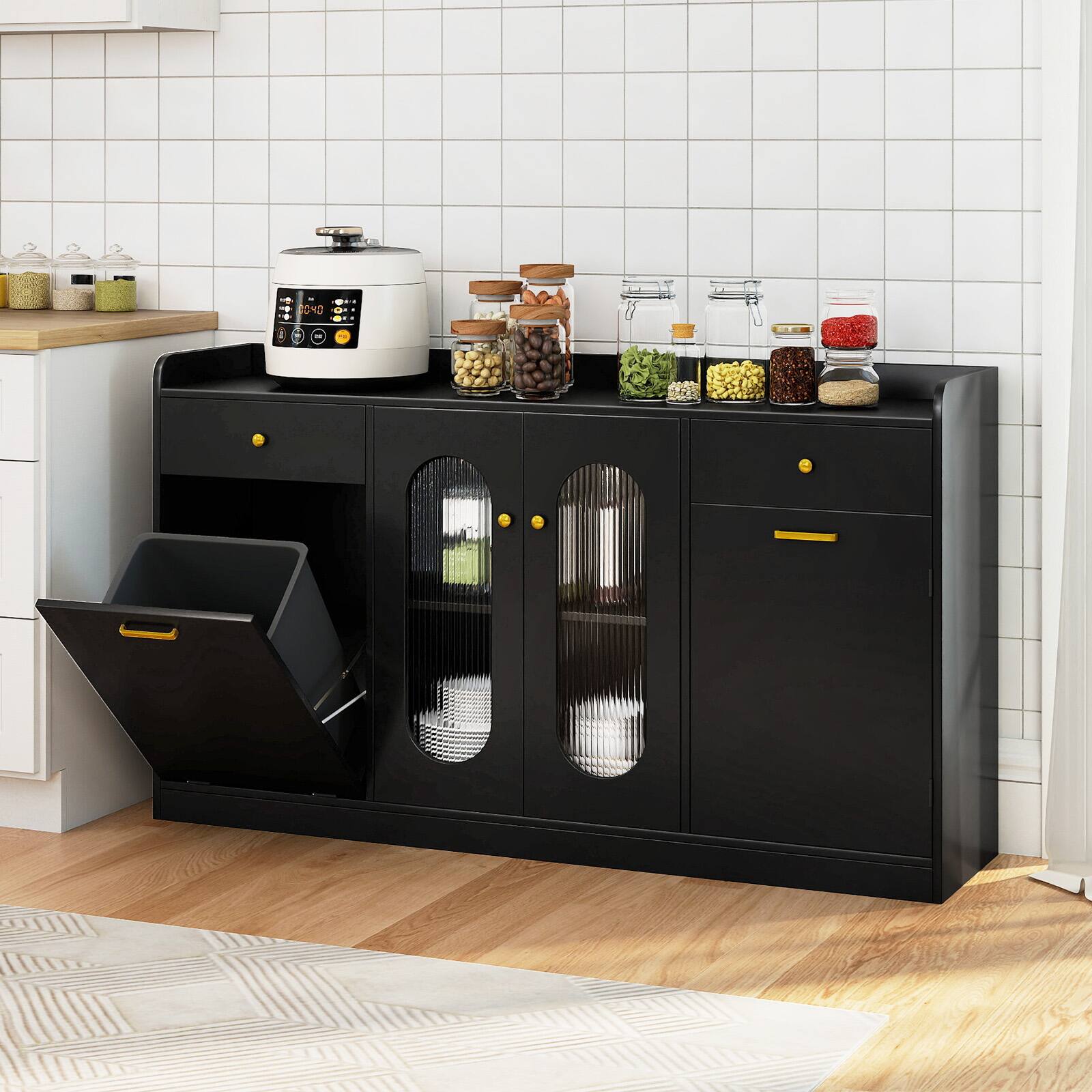 Alt View 1. Costway - Costway 55" Large Buffet Cabinet with 2 Glass Doors, 2 Drawers, 2 Door Shelves for Kitchen - Black.