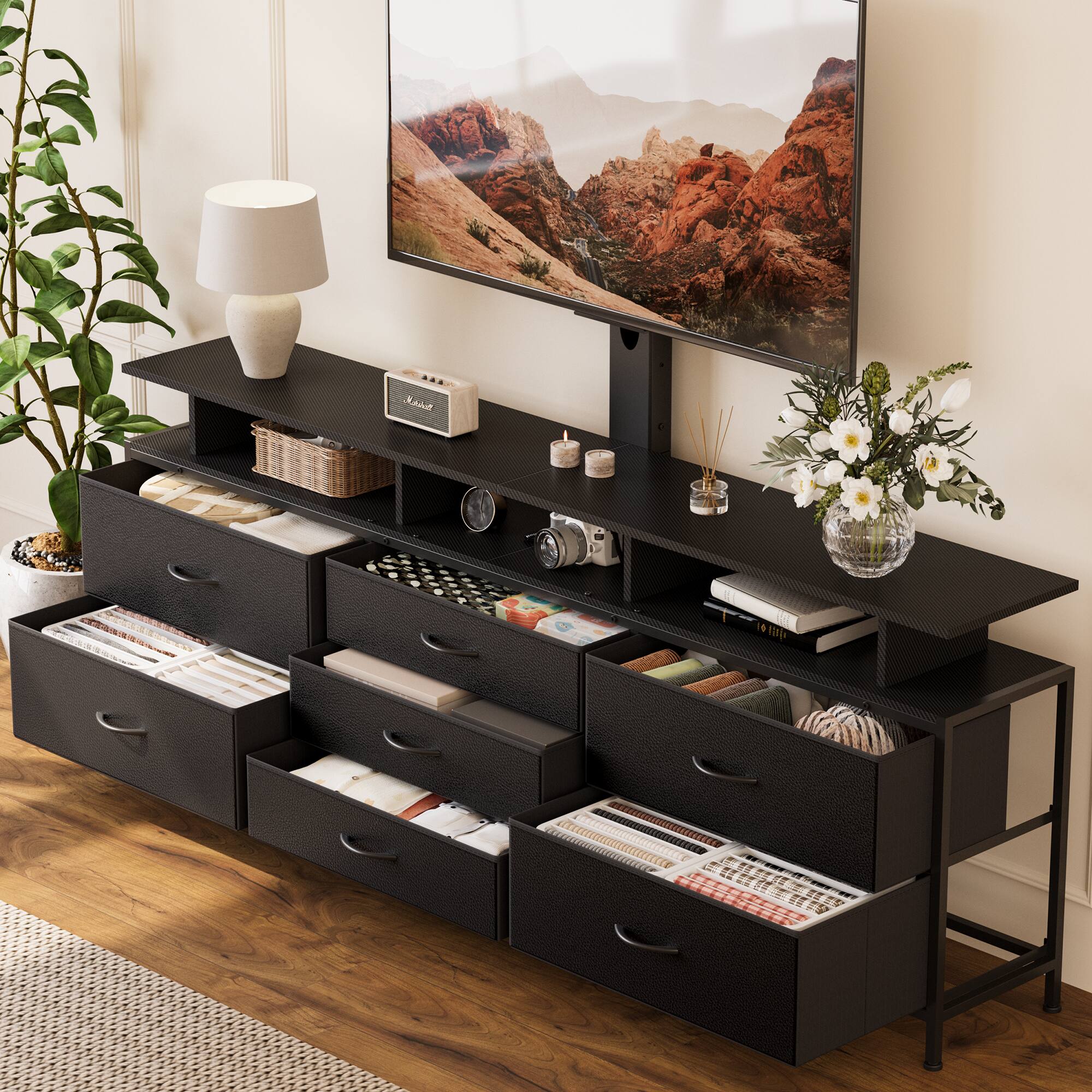 Alt View 4. HAUSOURCE - 63" Entertainment Center Media Console Table with 7 Drawers Height Adjustable Mount Dresser TV Stand, Black - Black.