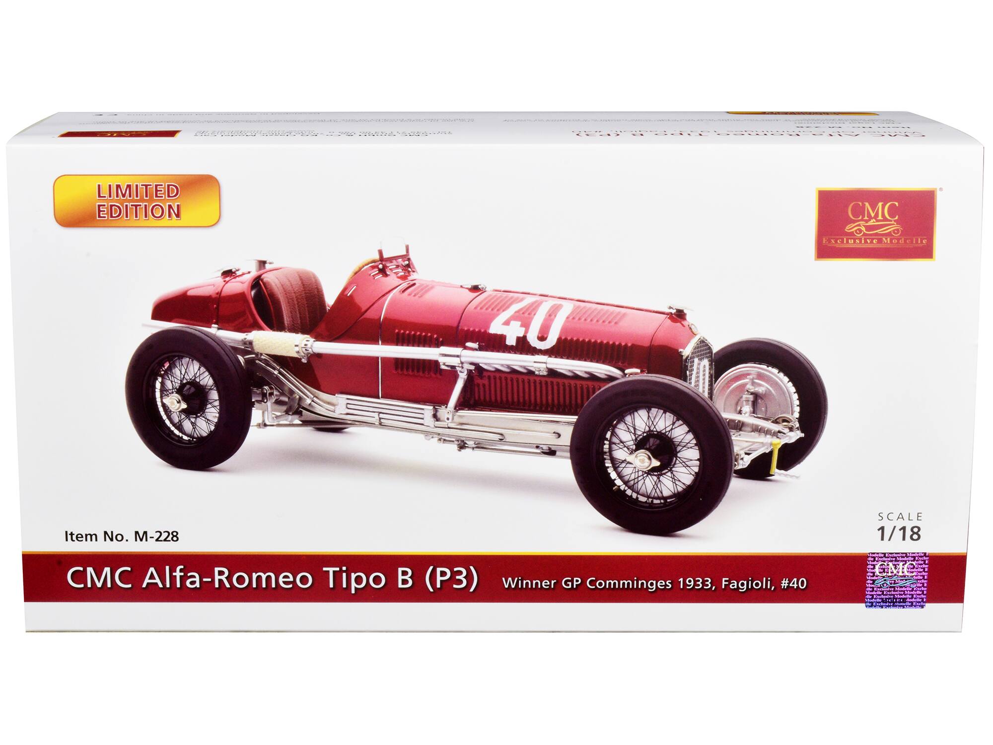 LIMITED EDITION

CMC Exclusive Modelle

Item No. M-228

CMC Alfa-Romeo Tipo B (P3) Winner GP Comminges 1933, Fagioli, #40

SCALE 1/18