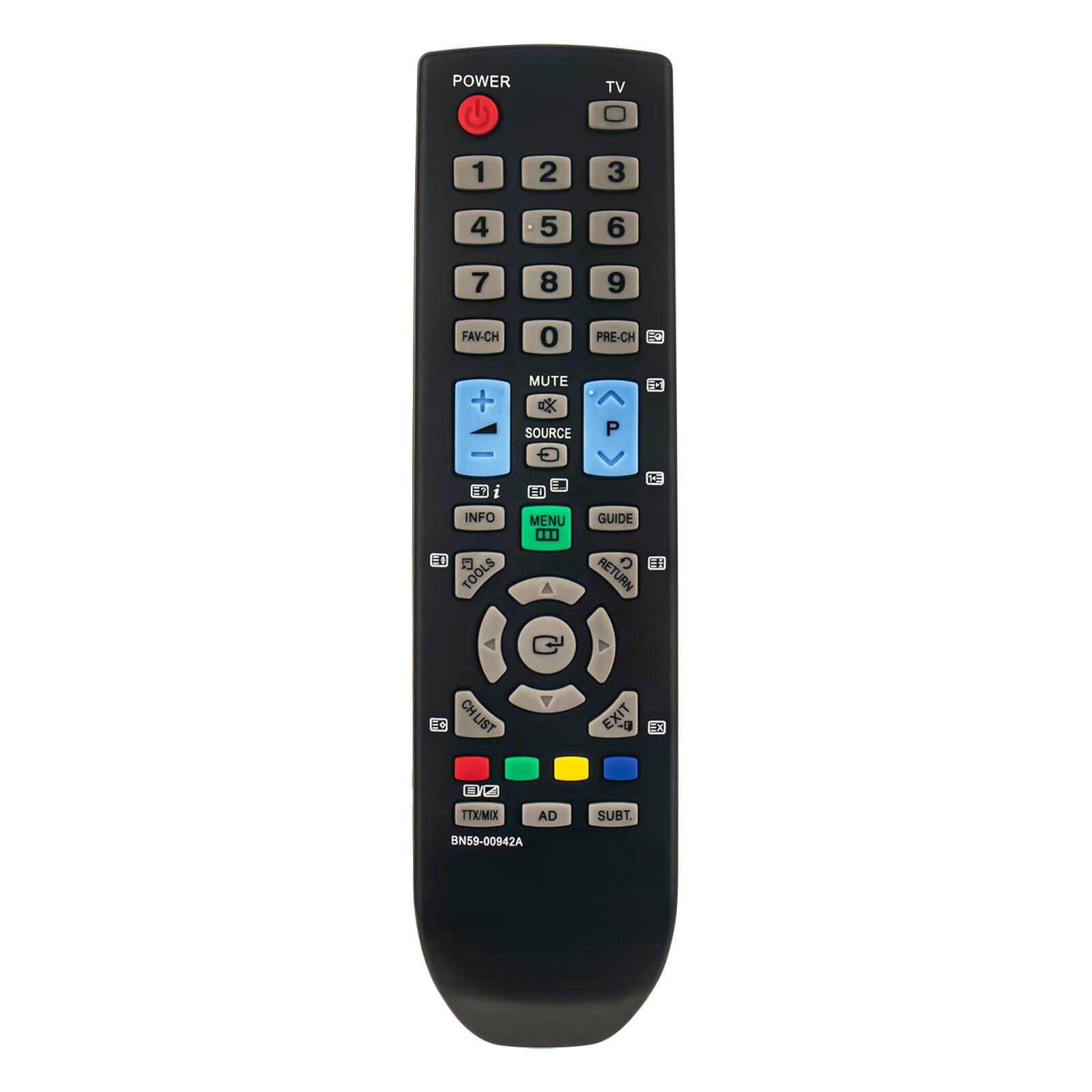 POWER TV  
1 2 3 4 5 6 7 8 9 0  
FAV-CH 0 PRE-CH 0  
MUTE SOURCE P  
INFO MENU GUIDE  
TOOLS RETURN EXIT  
TTX/MIX AD SUBT.  
BN59-00942A