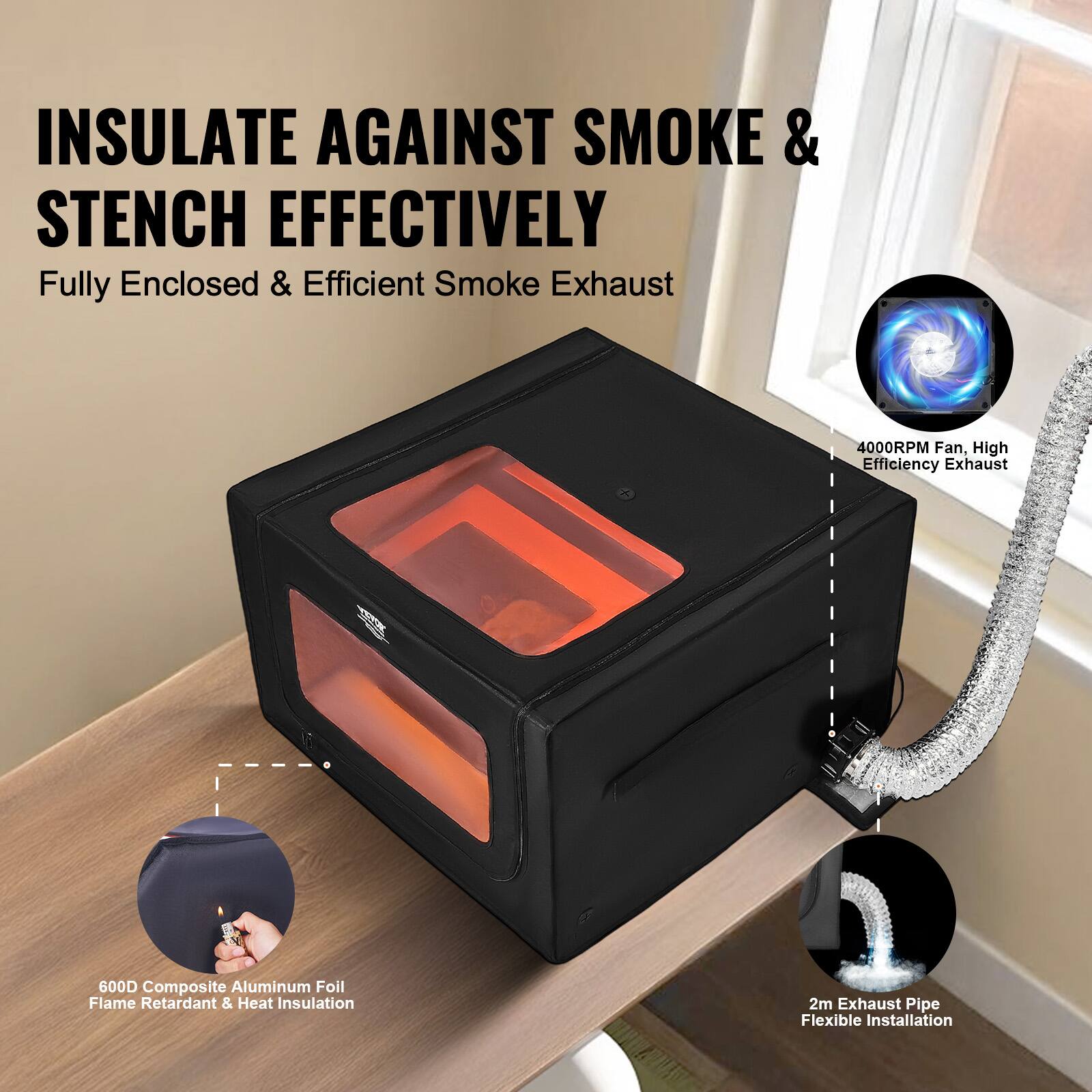 INSULATE AGAINST SMOKE & STENCH EFFECTIVELY

Fully Enclosed & Efficient Smoke Exhaust

4000RPM Fan, High Efficiency Exhaust

600D Composite Aluminum Foil Flame Retardant & Heat Insulation

2m Exhaust Pipe Flexible Installation