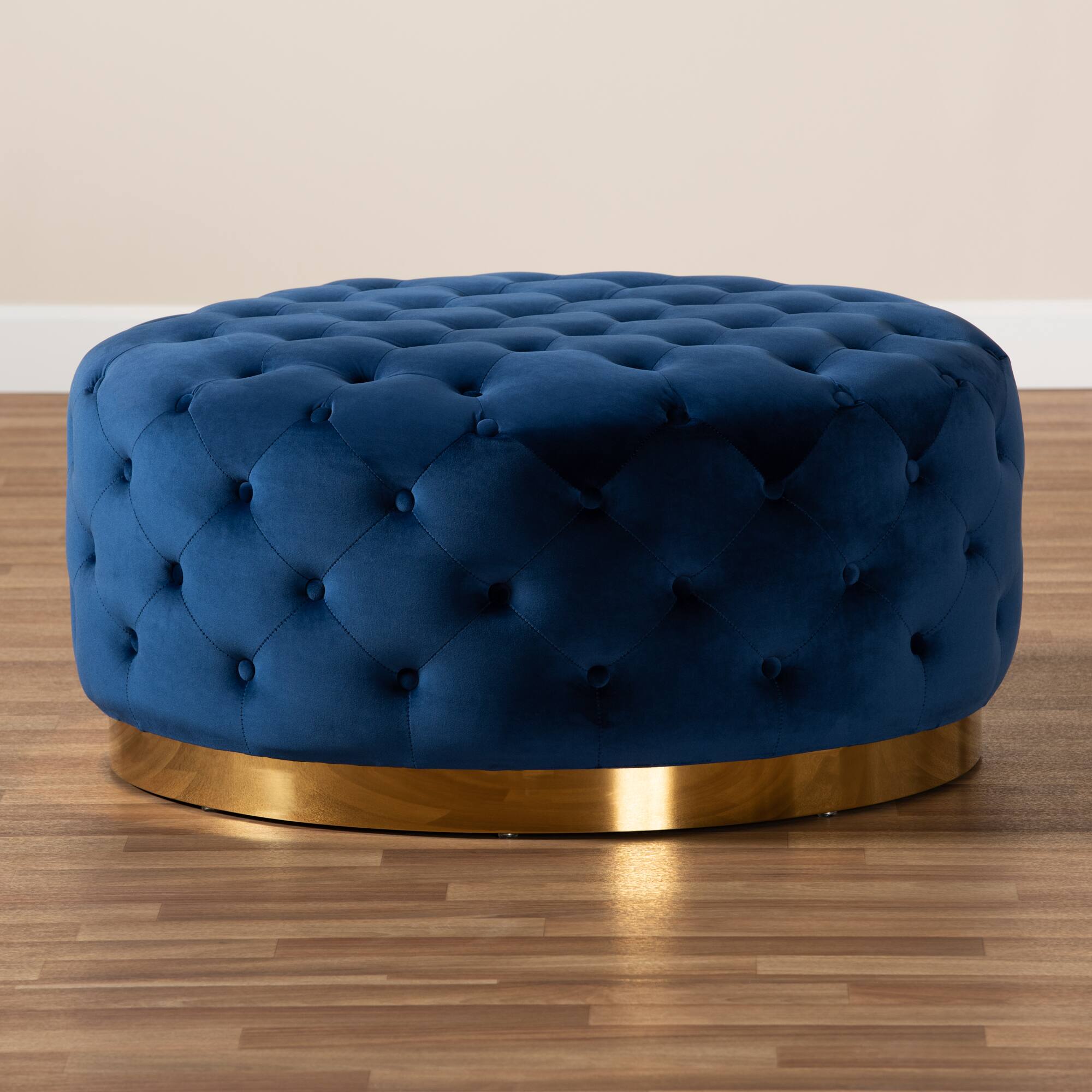 Alt View 1. Baxton Studio - Sasha Glam and Luxe Velvet Fabric Upholstered Gold Finished Round Cocktail Ottoman - Royal Blue/Gold.