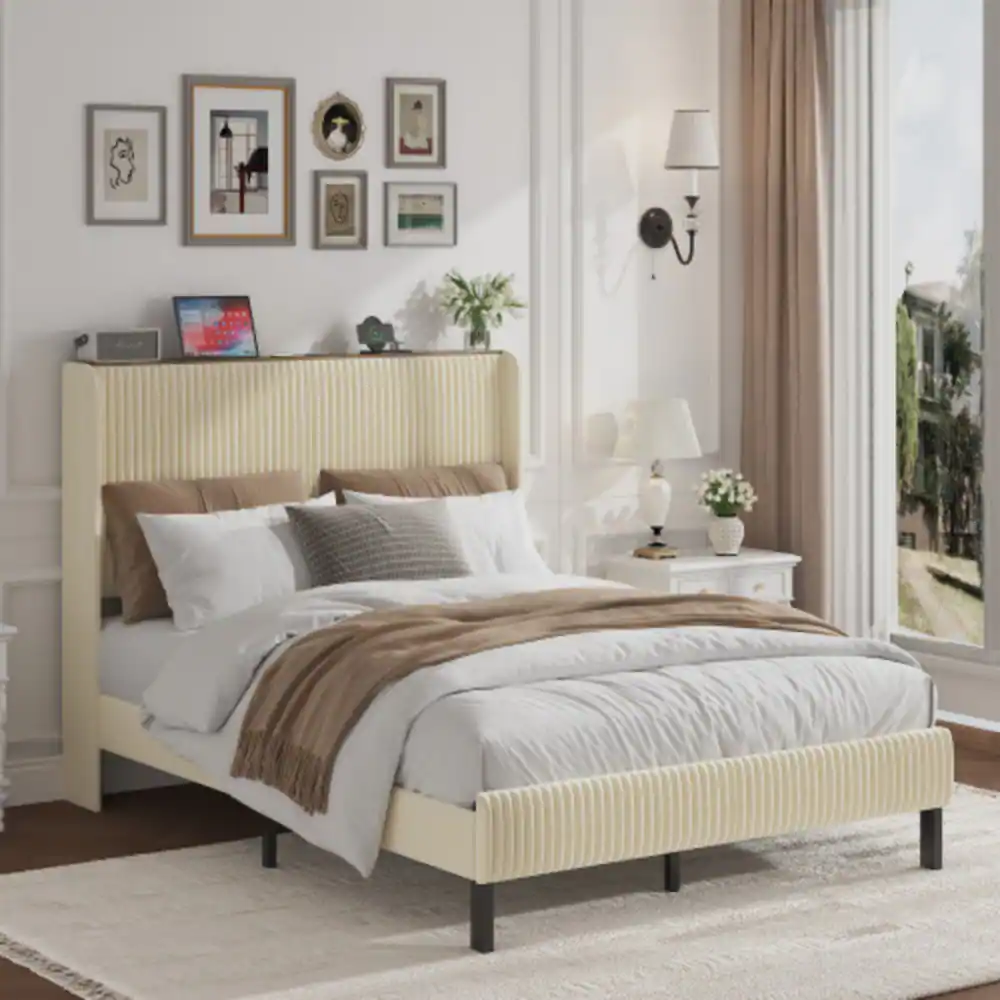 Angle. LUCKY ONE - Full Size Platform Bed , Metal Bed Frame with Charging Station - Beige.