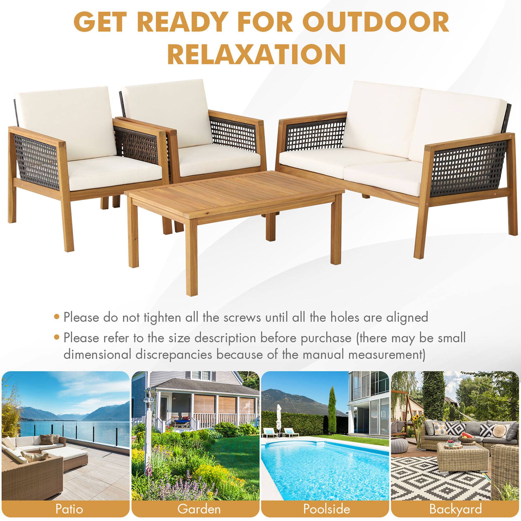 GET READY FOR OUTDOOR RELAXATION

Please do not tighten all the screws until all the holes are aligned

Please refer to the size description before purchase (there may be small dimensional discrepancies because of the manual measurement)

Patio
Garden
Poolside
Backyard