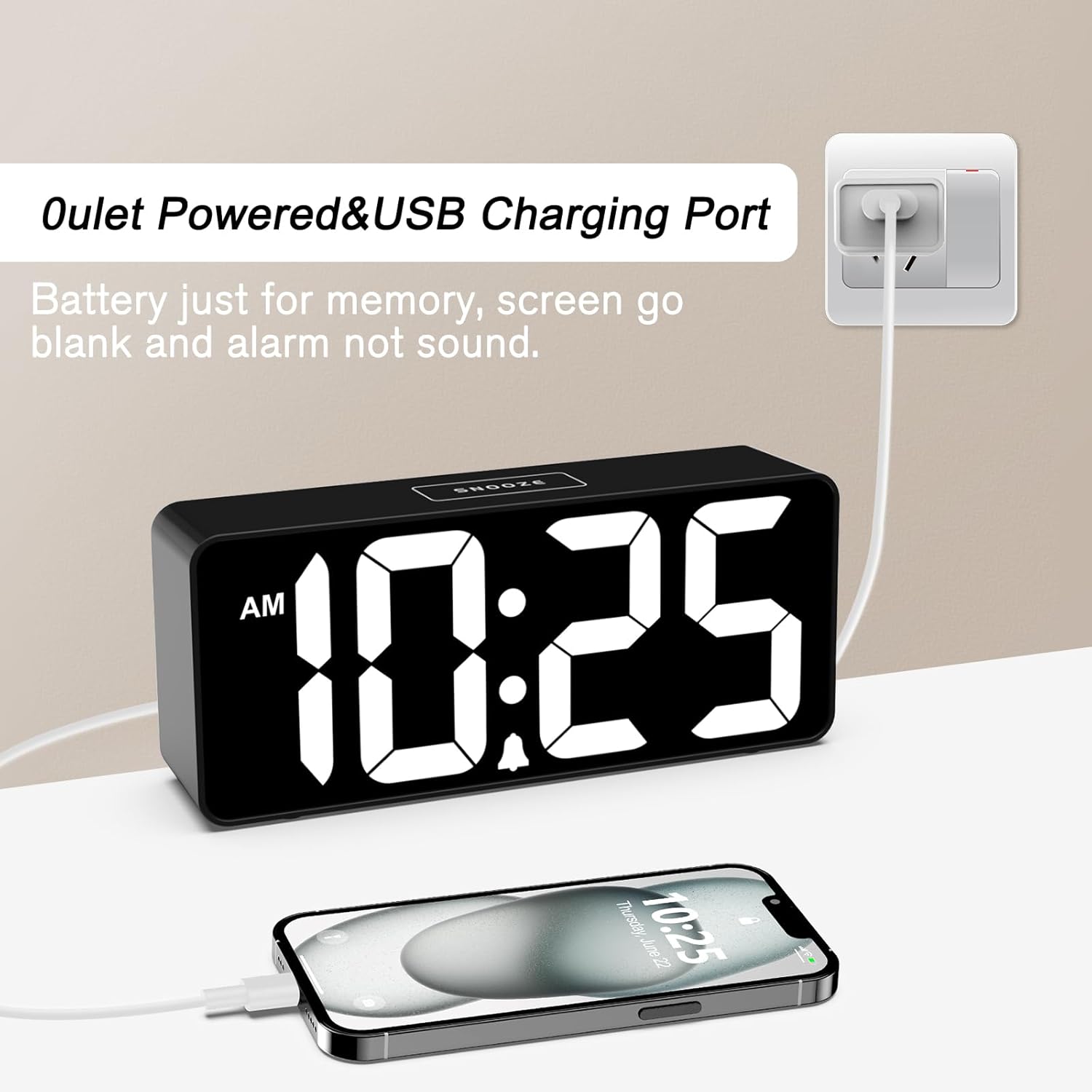 Outlet Powered & USB Charging Port  
Battery just for memory, screen goes blank and alarm not sound.  
SROOKS AM 10:25 Thursday 10:25 AM 22