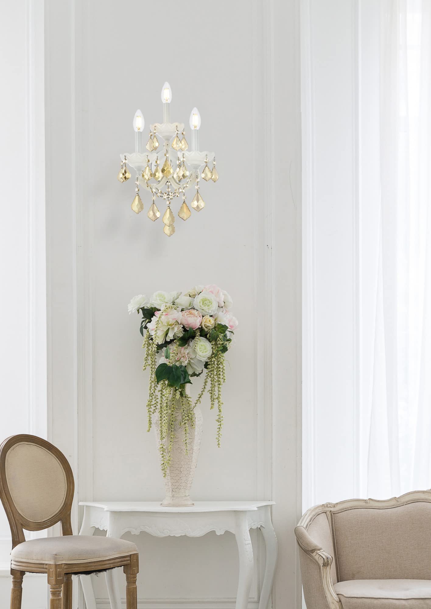 Alt View 2. Elegant Lighting - Maria Theresa 3 light white Wall Sconce Golden Teak (Smoky) Royal Cut Crystal - White.