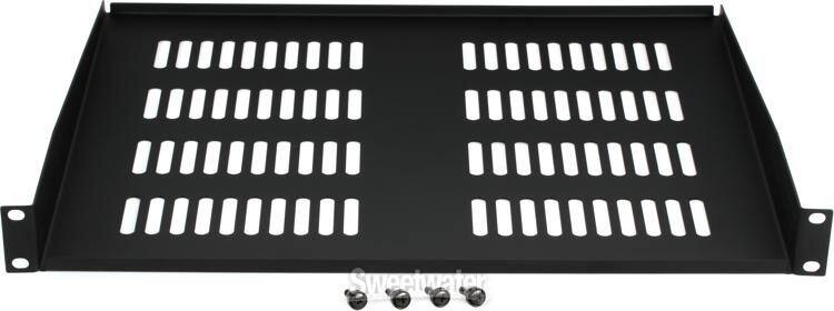 Left. Gator - 1U Vented Fixed Rack Shelf, 15" Deep, 16-Gauge Steel Construction, 66 lbs. Capacity.