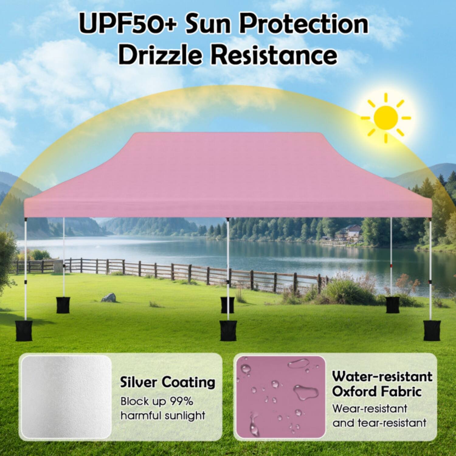 UPF50+ Sun Protection  
Drizzle Resistance  

Silver Coating  
Block up 99% harmful sunlight  

Water-resistant Oxford Fabric  
Wear-resistant and tear-resistant