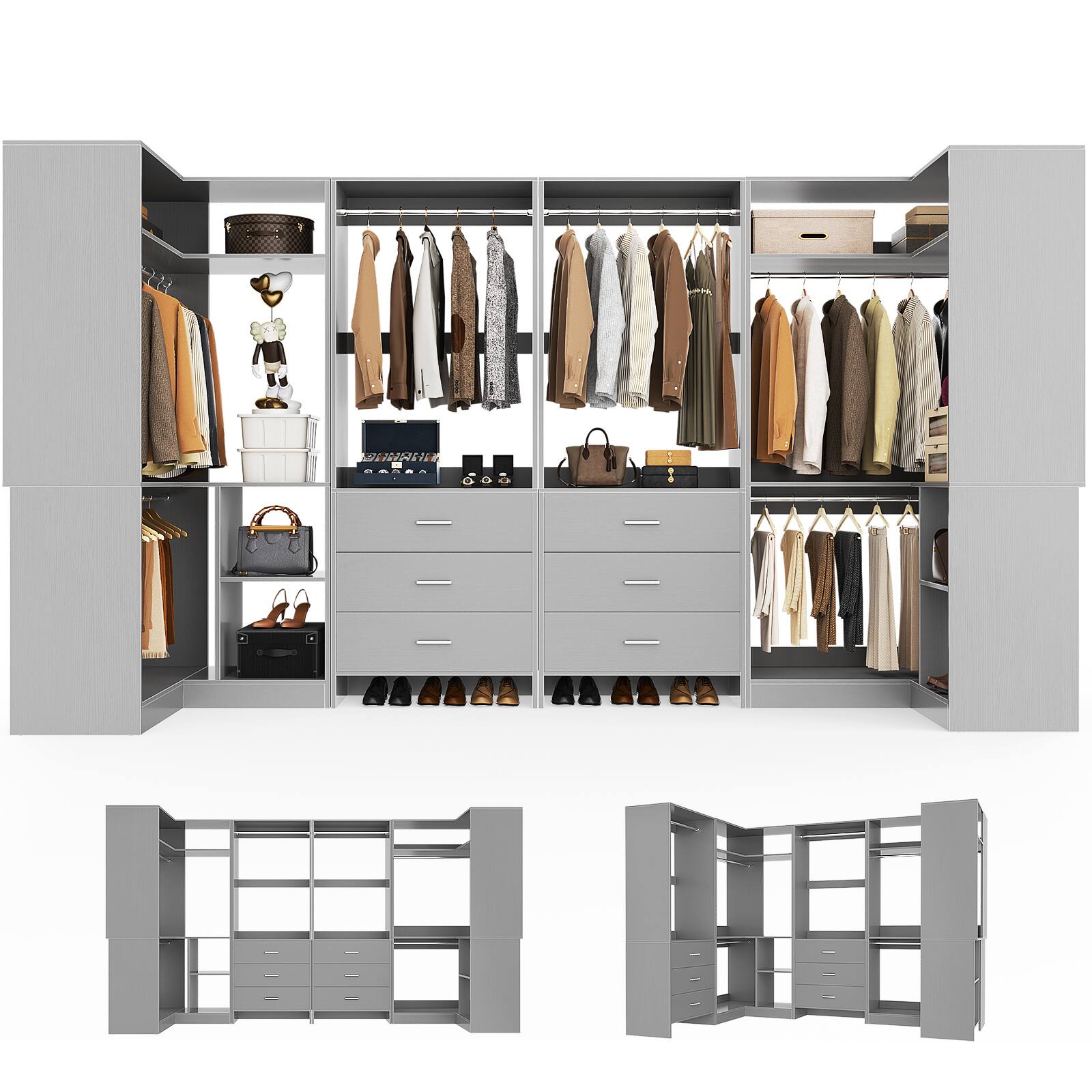 Angle. Aheaplus - U-Shaped Closet Organizer System with 6 Drawers, 112.5" Walk-in Wardrobe System with Hanging Rods & Shelves, Set of 4 - Gray.