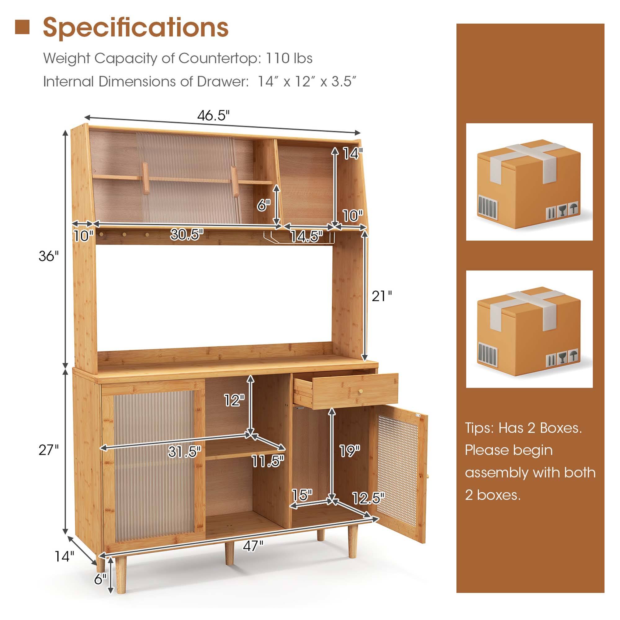 Specifications:
- Weight Capacity of Countertop: 110 lbs
- Internal Dimensions of Drawer: 14" x 12" x 3.5"
- 46.5" 14" 36" 10" 30.5" 6 14.5" 10" 21" 12" 27" 31.5" 11.5" 15" 19" 12.5"

Tips:
- Has 2 Boxes. Please begin assembly with both 2 boxes.
- 14" 6" 47"