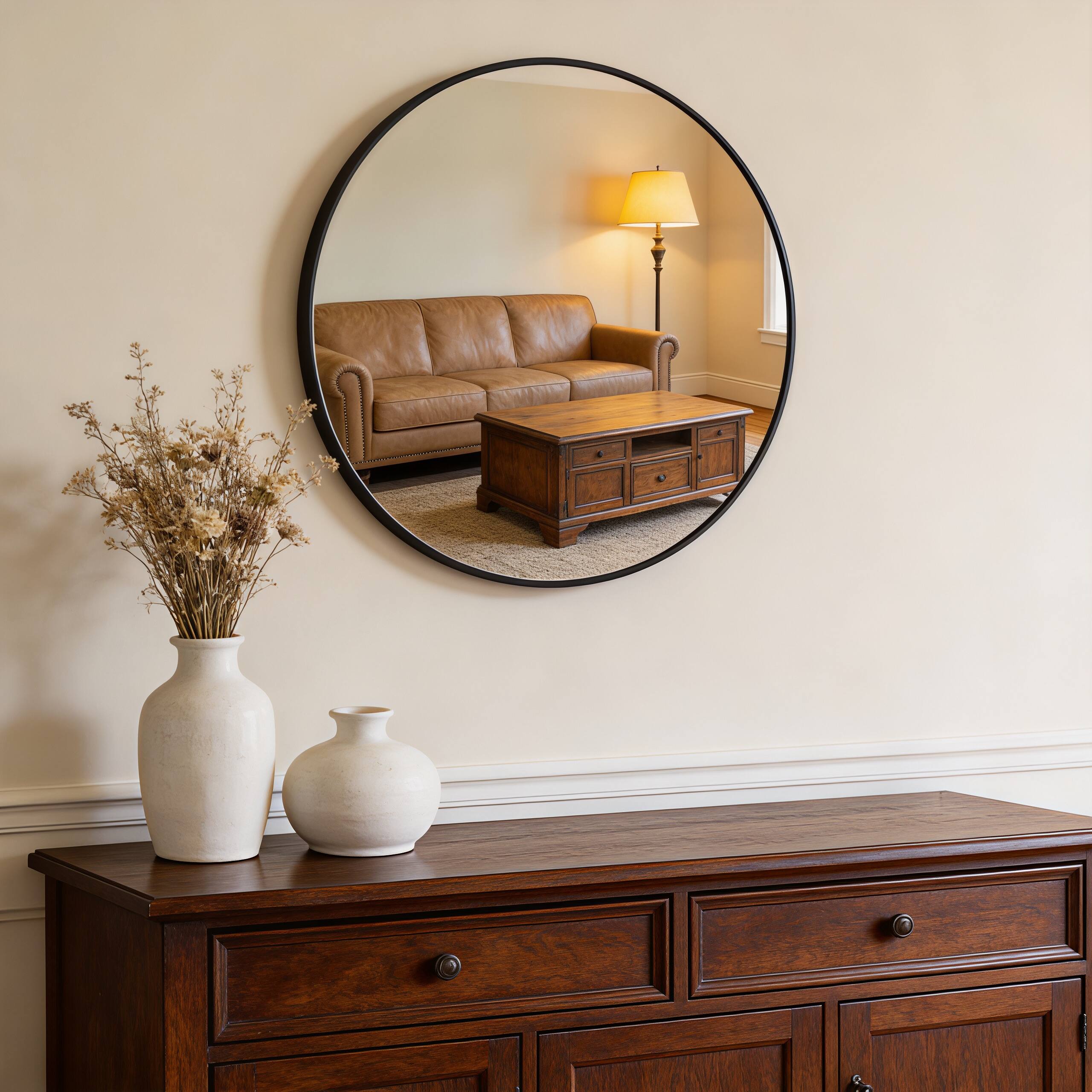 Left. Z-Edge - 32 Inch Round Mirror, Aluminum Alloy Frame Wall Mirror with High-Definition Lense for Entryway, Living Room, Bedroom - Black.