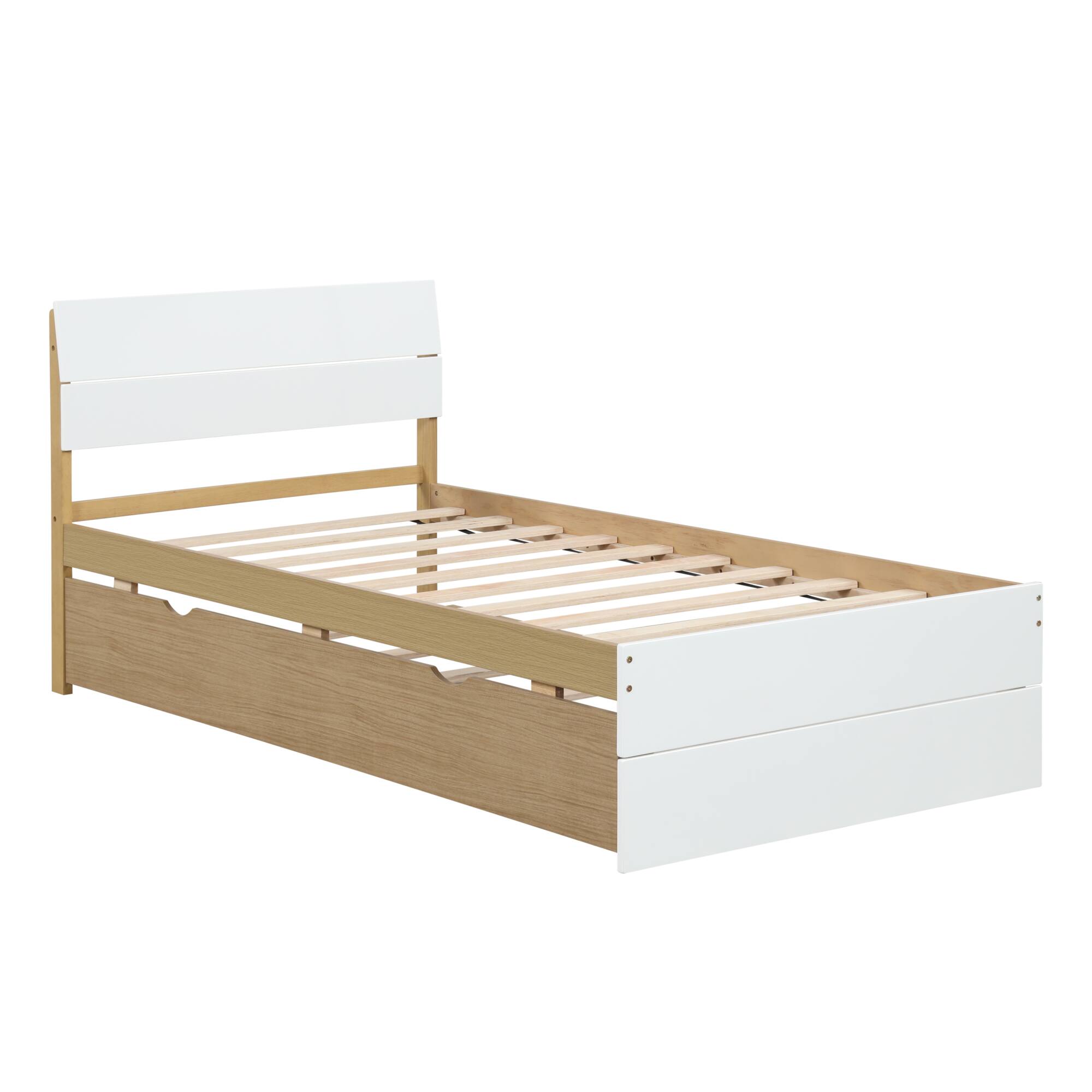 Alt View 5. GOODSILO - Contemporary Twin Bed Frame with Trundle Featuring High Gloss Headboard and Footboard - White+Light Oak.