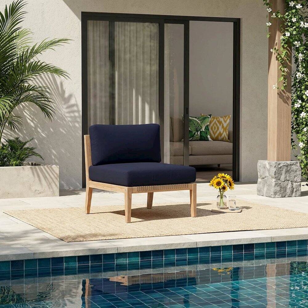 Angle. Outdoor Escape - Teak Wood Outdoor Lounge Chair With Cushions And Armless Design - Brown.