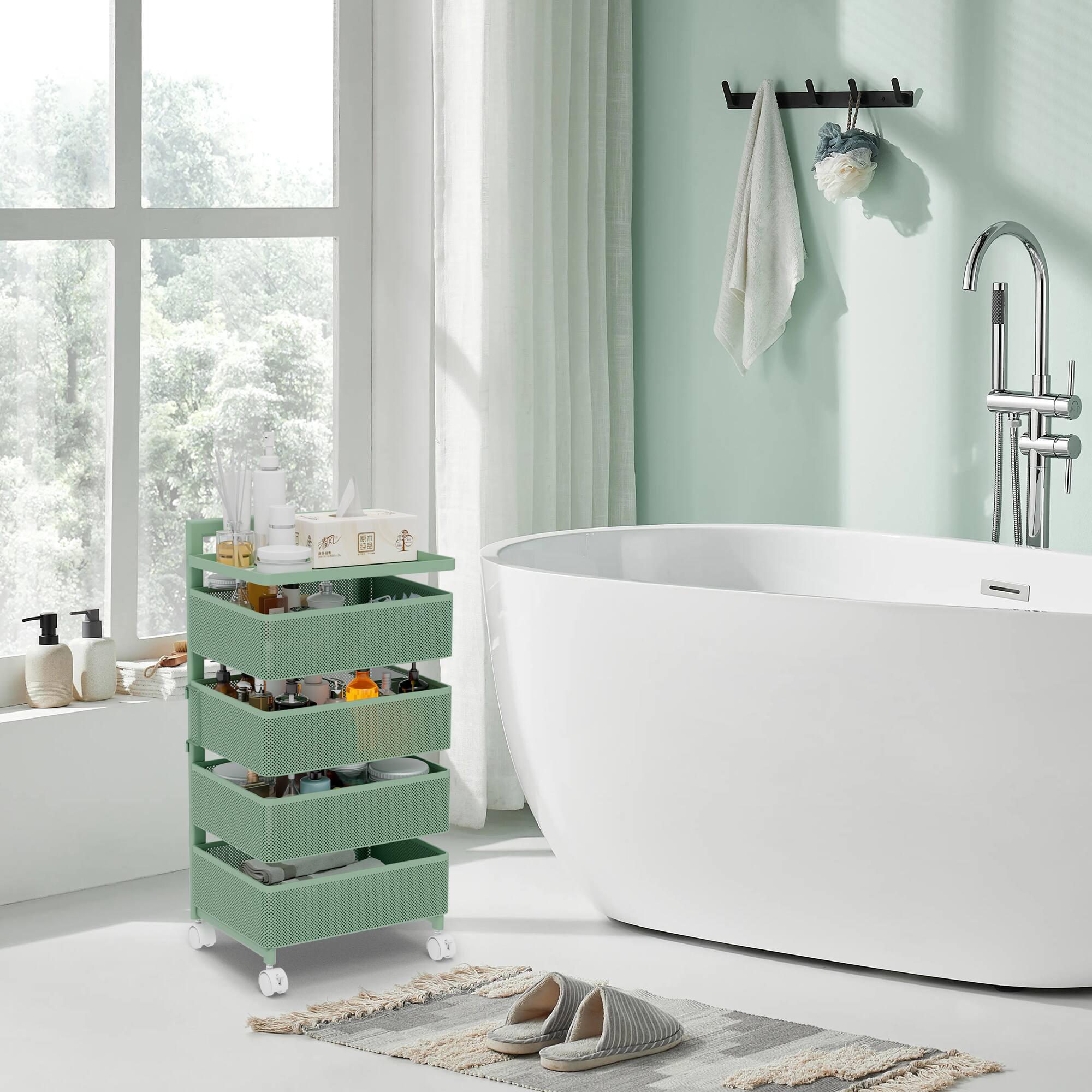 Alt View 1. Malletson - 5-Tier Rotating Kitchen Storage Cart with Wheels, Metal Mesh Organizer for Fruits, Vegetables, and Kitchen Supplies - Green.