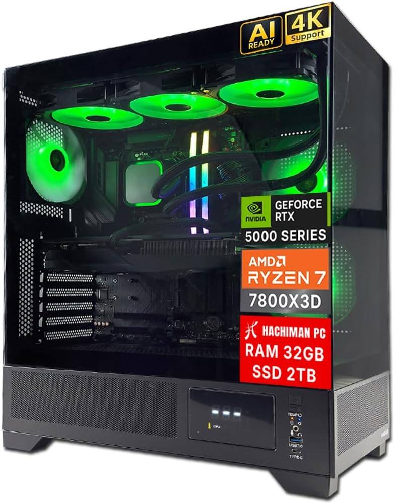 Hachiman PC - Tora Gaming PC, AMD Ryzen 7 7800X3D, Radeon RX 9070XT, 32GB DDR5 RGB, 2TB NVMe SSD, AIO, Wi-Fi 6, Windows 11 - Black