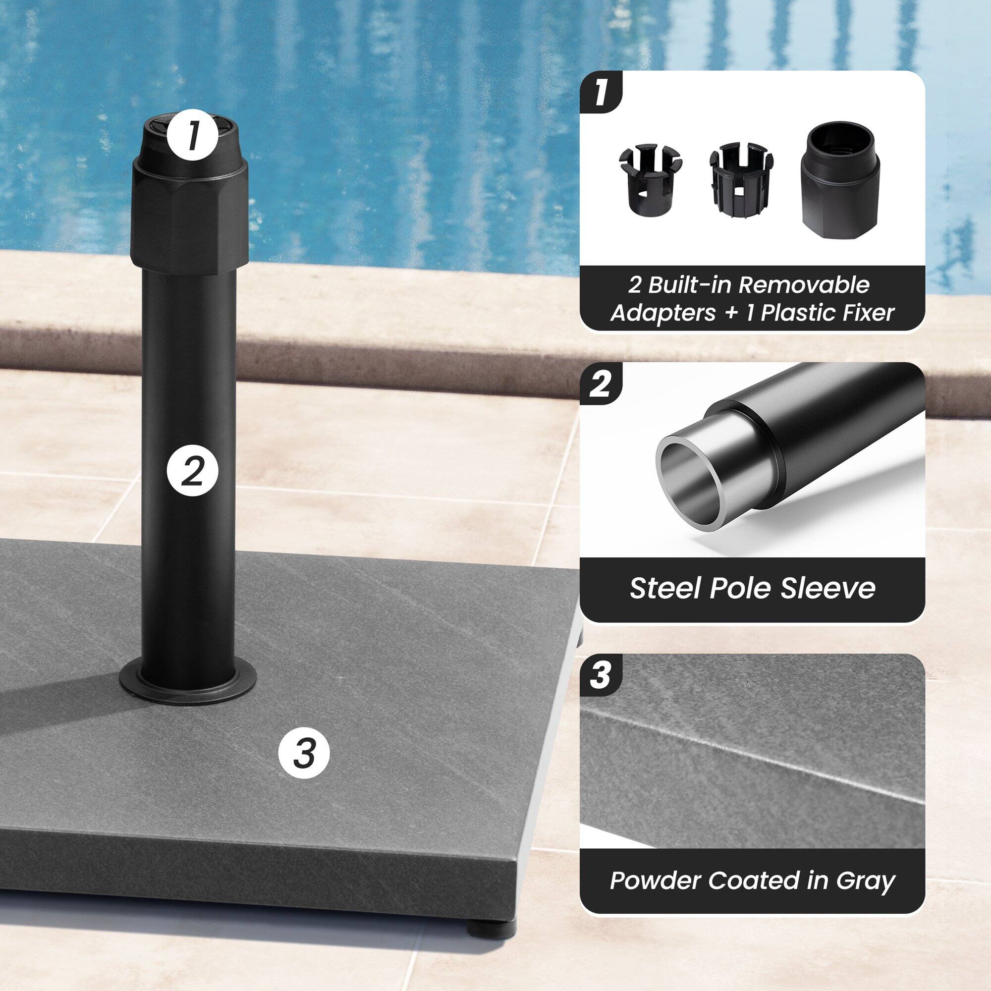 1. 2 Built-in Removable Adapters + 1 Plastic Fixer  
2. Steel Pole Sleeve  
3. Powder Coated in Gray