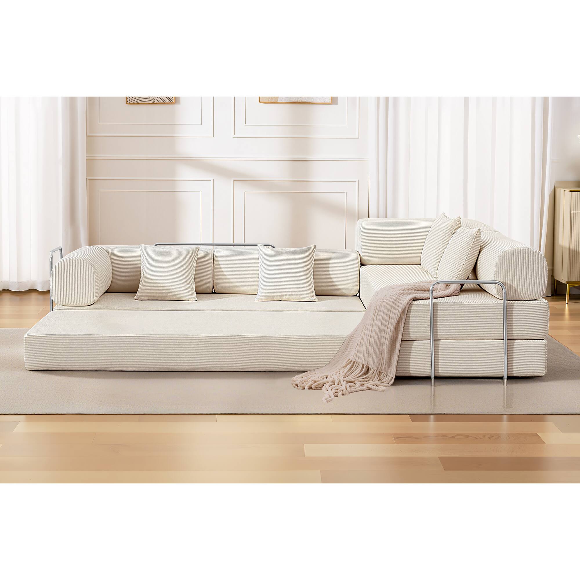 Alt View 7. KERDOM - L-Shaped Corduroy Couch Chaise Lounge, 78'' Foldable Sofa Bed 2pcs Combined, Spliced Block Modular Sectional Sponge Sofa - Beige.