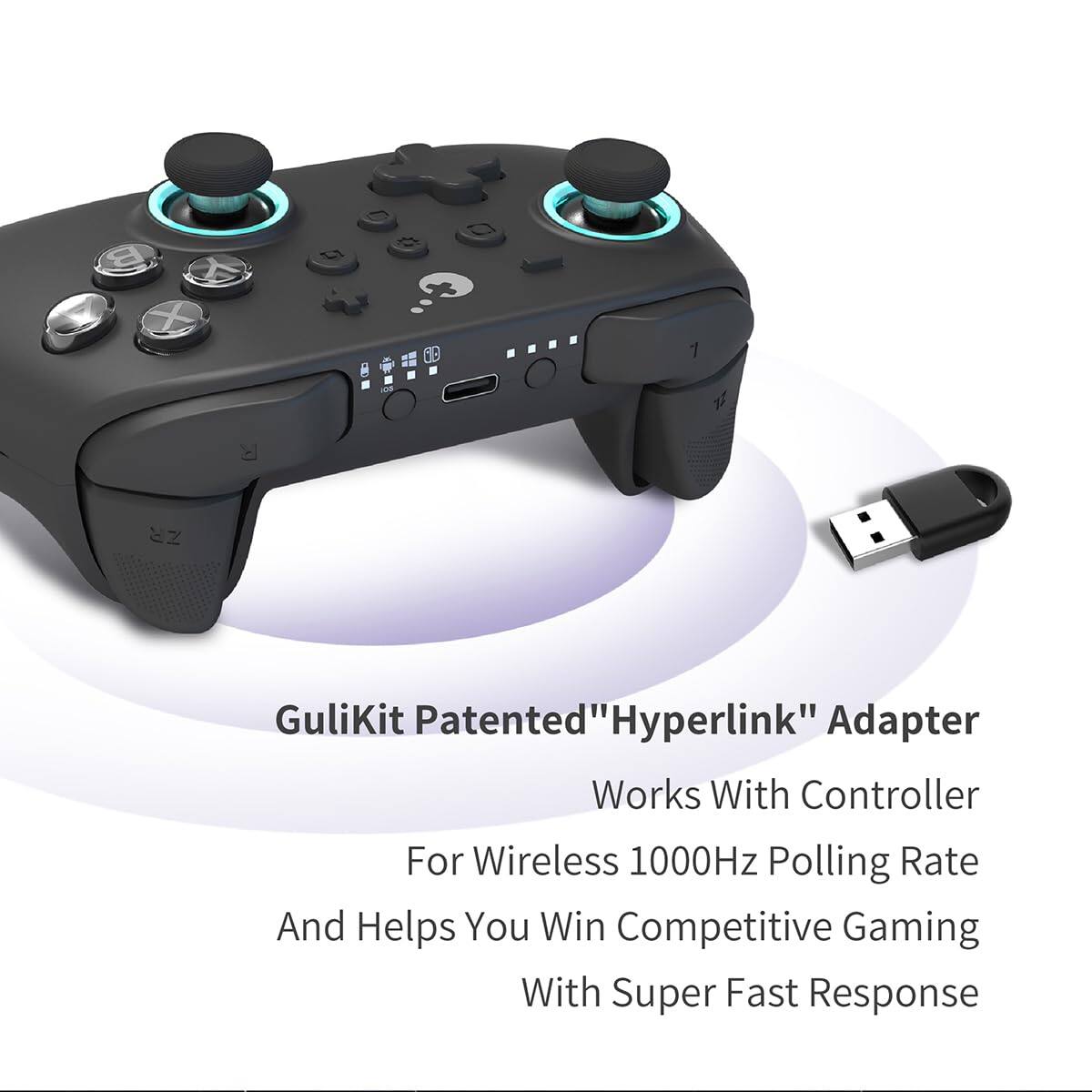 GuliKit Patented "Hyperlink" Adapter  
Works With Controller  
For Wireless 1000Hz Polling Rate  
And Helps You Win Competitive Gaming With Super Fast Response