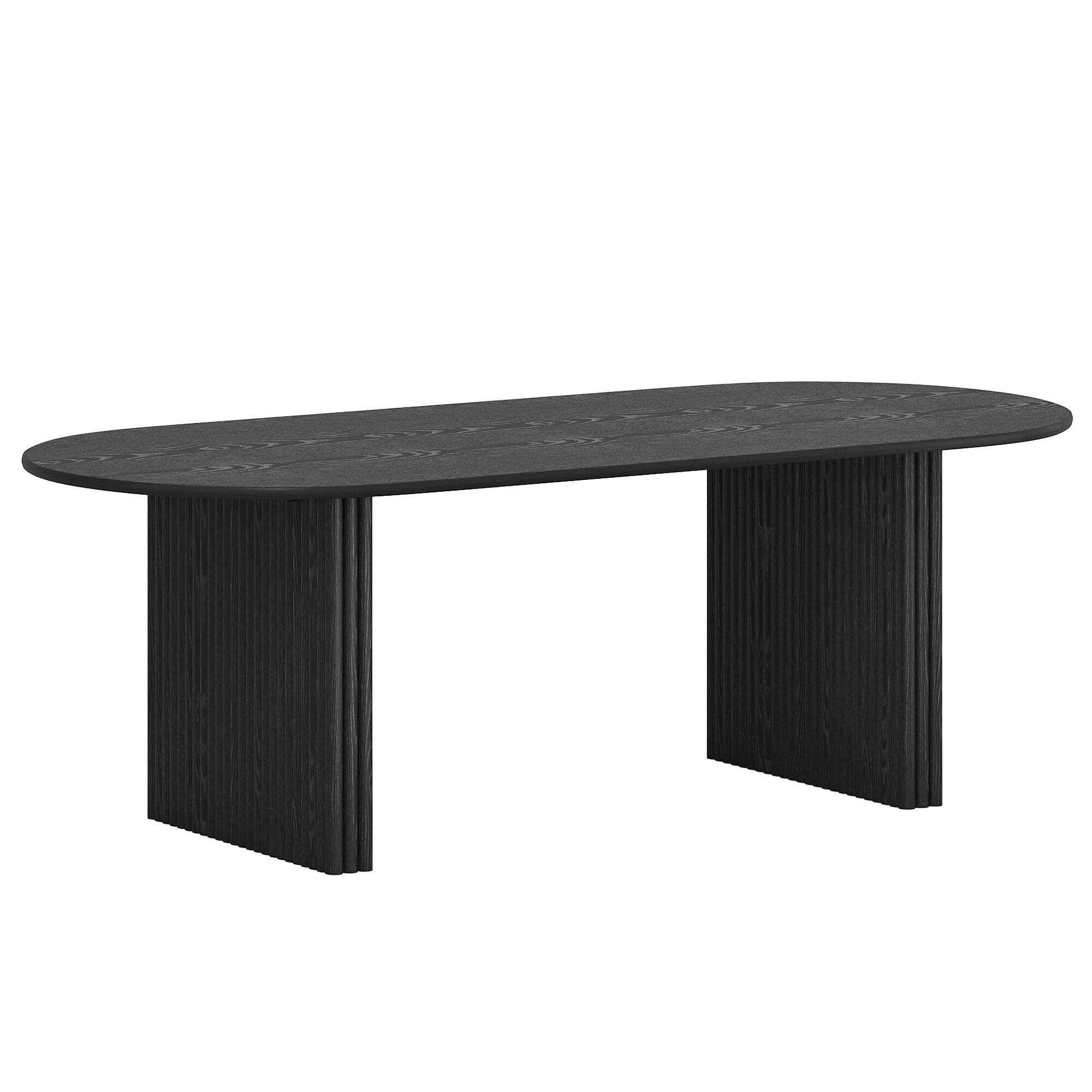 Angle. PexFix - Solid Oak Farmhouse Dining Table for 8, 79" Minimalist Oval Kitchen Table with Double Pedestal Base - Black.