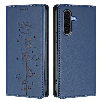Front. Dteck - for Samsung Galaxy A17 5G Shockproof Case,Slim Cute Cat Embossed PU Leather RFID Blocking Wallet Flip Card Holder Cover - Darkblue.