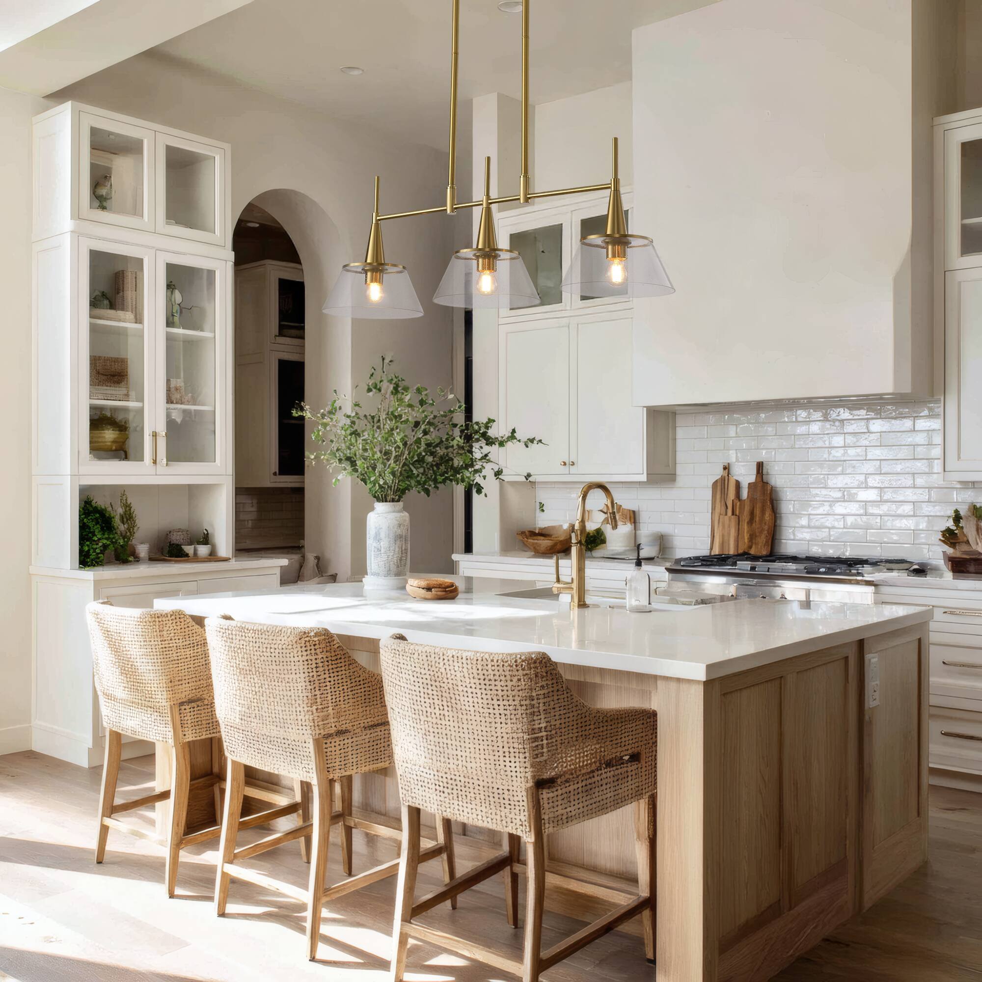 Alt View 1. RYHNUYNE - 3-Light Brass Kitchen Island Pendant 34 Inch Modern Linear Chandelier with Clear Seed Glass Shades.