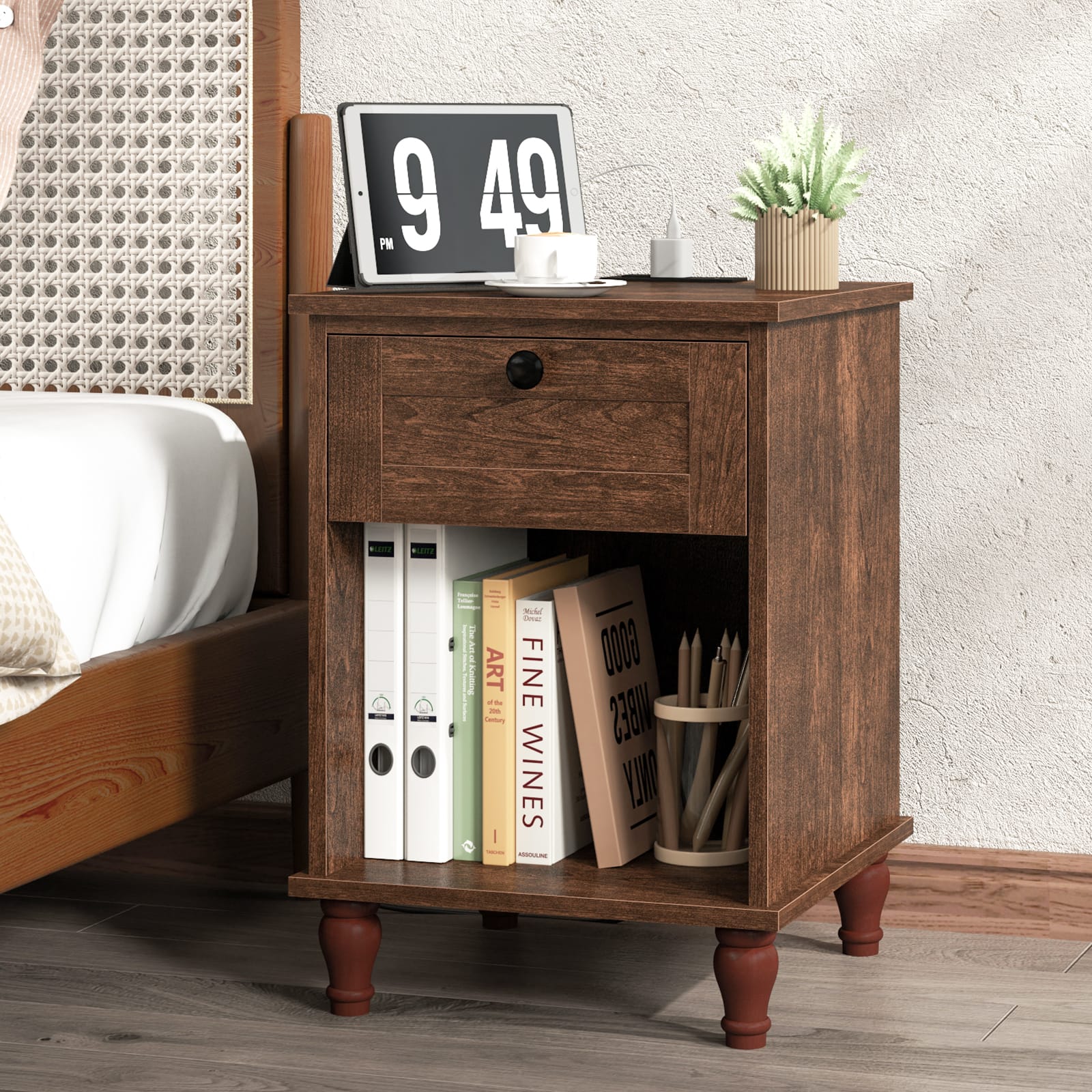 Bestier - Modern Side Table with Built-in Charging Station & Drawer Storage - dark brown
