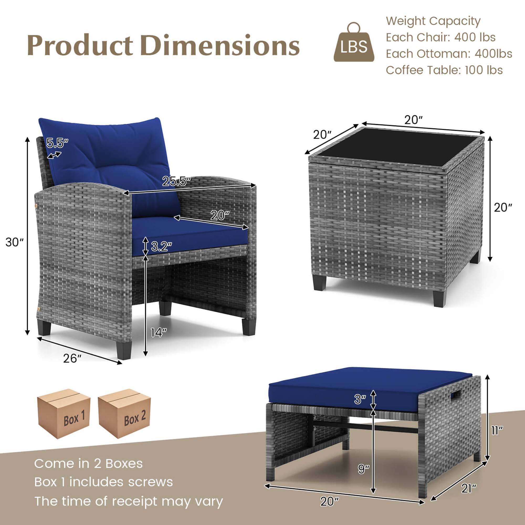 Weight Capacity Each Chair: 400 lbs Product Dimensions LBS Each Ottoman: 400 lbs Coffee Table: 100 lbs

5.5" K 20" 20" 25.5" 20t 20" 30" 3.2" 14" 26" Box 1 Box 2 3" 11" Come in 2 Boxes Box 1 includes screws The time of receipt may vary 20" 9" 21"