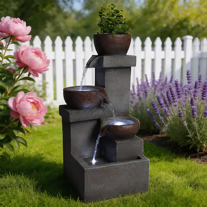 Front. Anysun - Outdoor Water Fountain – Tiered Cascading Jar Waterfall, Resin Garden Patio Decor with LED Lights - Gray.