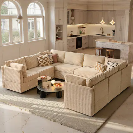 Front. Ovios - 8 Seater Modular Sectional Sofa, Oversized U Shaped Couch with Deep Seat for Living Room - Beige.