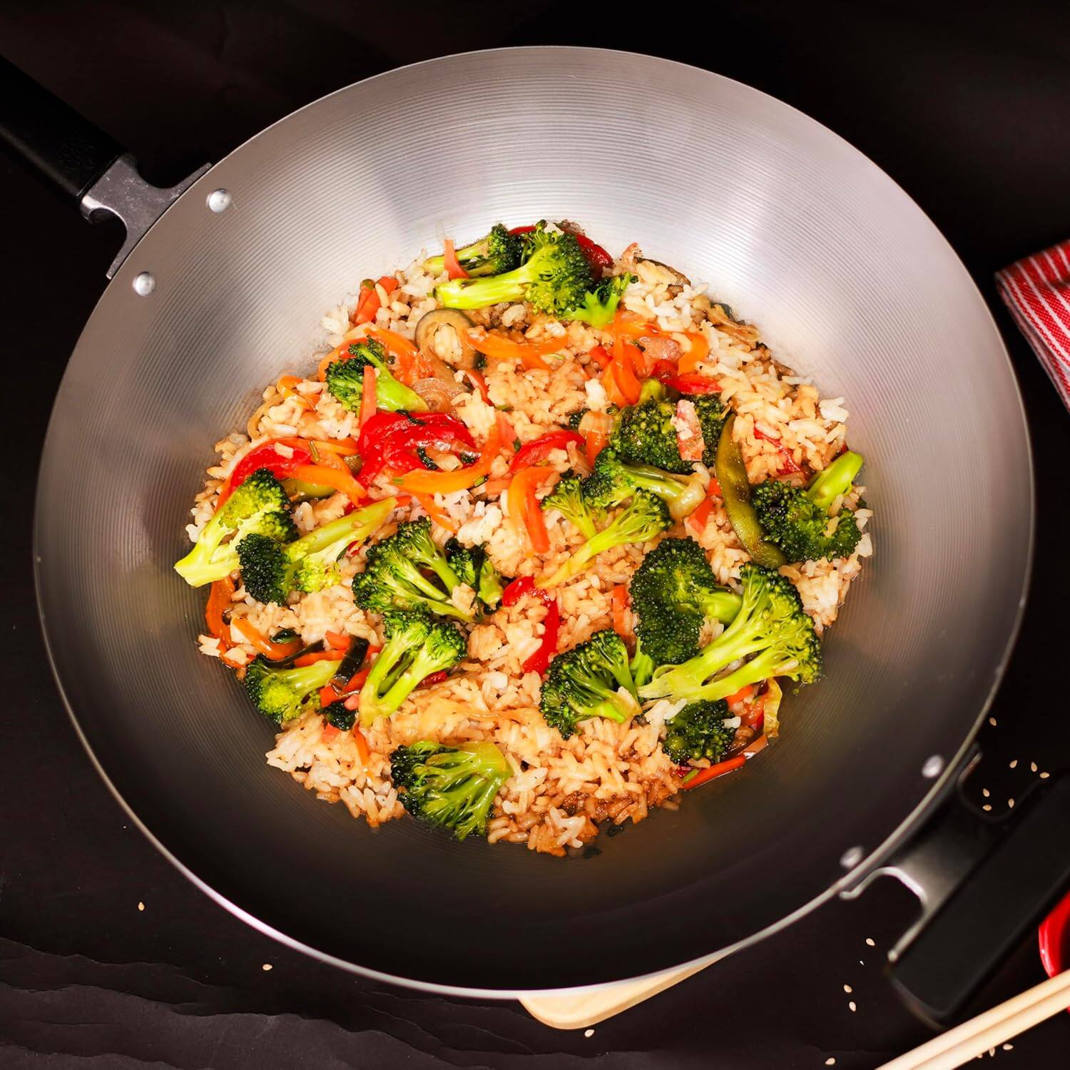Alt View 5. Escali - Joyce Chen Professional Series 14-Inch Uncoated Carbon Steel Flat Bottom Wok with Phenolic Handles - Silver.
