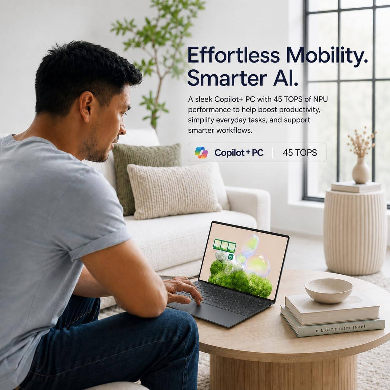 Effortless Mobility. Smarter AI.  
A sleek Copilot+ PC with 45 TOPS of NPU performance to help boost productivity, simplify everyday tasks, and support smarter workflows.  
Copilot+ PC  
45 TOPS  
ERWITT SNAPS ELLIOTT