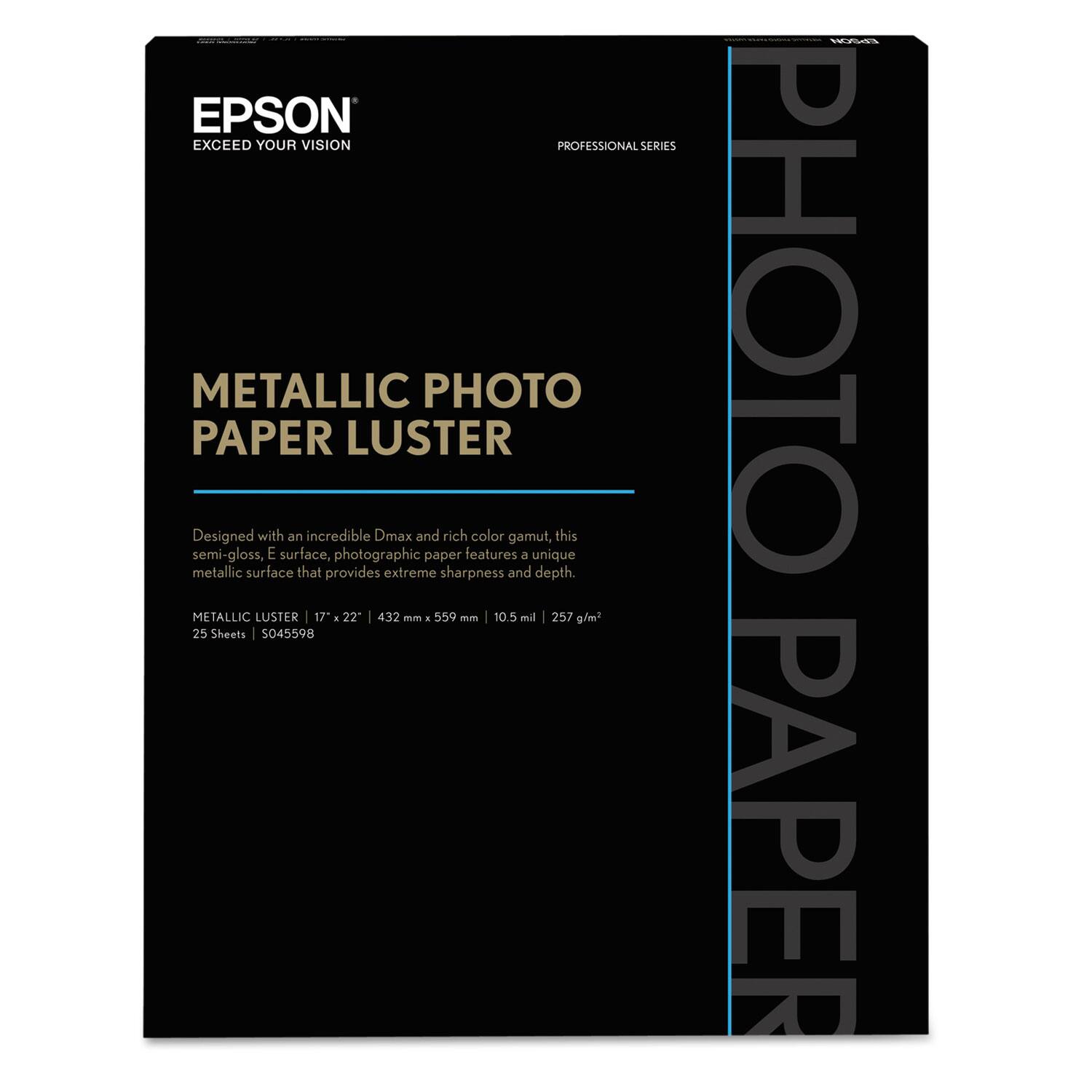 EPSON EXCEED YOUR VISION PROFESSIONAL SERIES METALLIC PHOTO PAPER LUSTER semi-gloss, Designed with an incredible Dmax and rich color gamut. This photographic paper features a unique metallic surface that provides extreme sharpness and depth. METALLIC LUSTER 17" x 22" 432 mm x 559 mm | 10.5 mil | 257 g/m2 25 Sheets S045598 PAPER