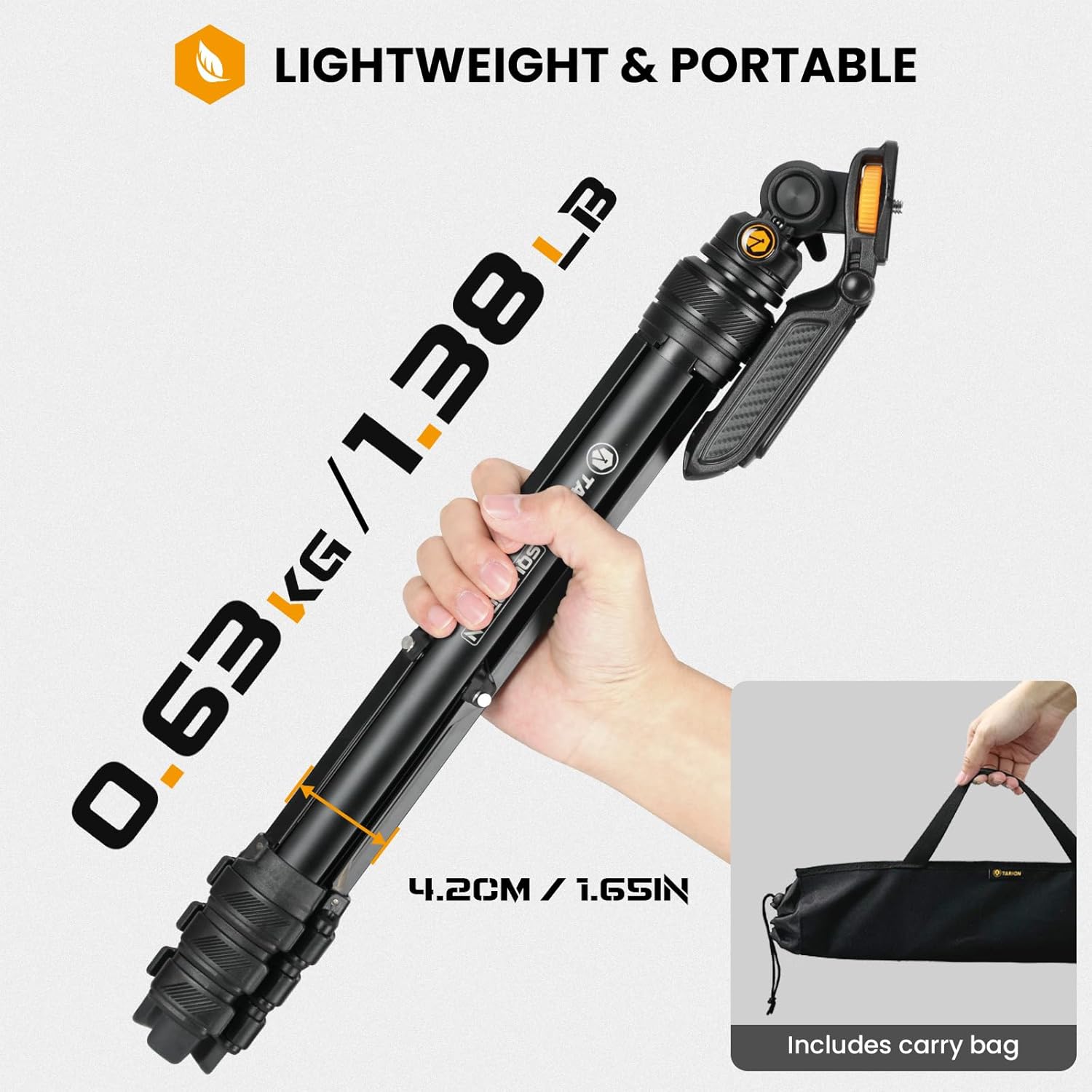 LIGHTWEIGHT & PORTABLE  
0.63 KG / 1.38 LB  
4.2CM / 1.65IN  
Includes carry bag