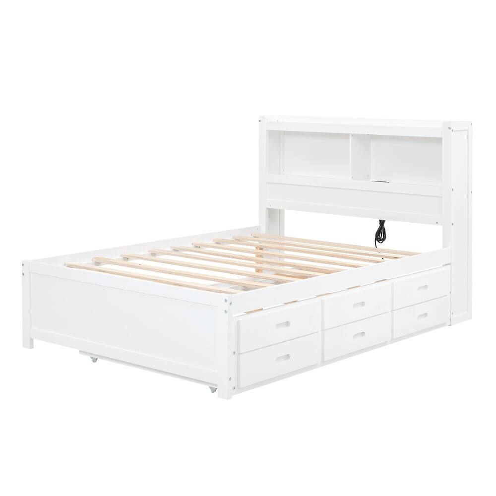 Alt View 6. Loheer - Loheer Full Size Platform Bed with Trundle, Storage Drawers and USB Ports, White Captains Bed with Bookcase Headboard - White.