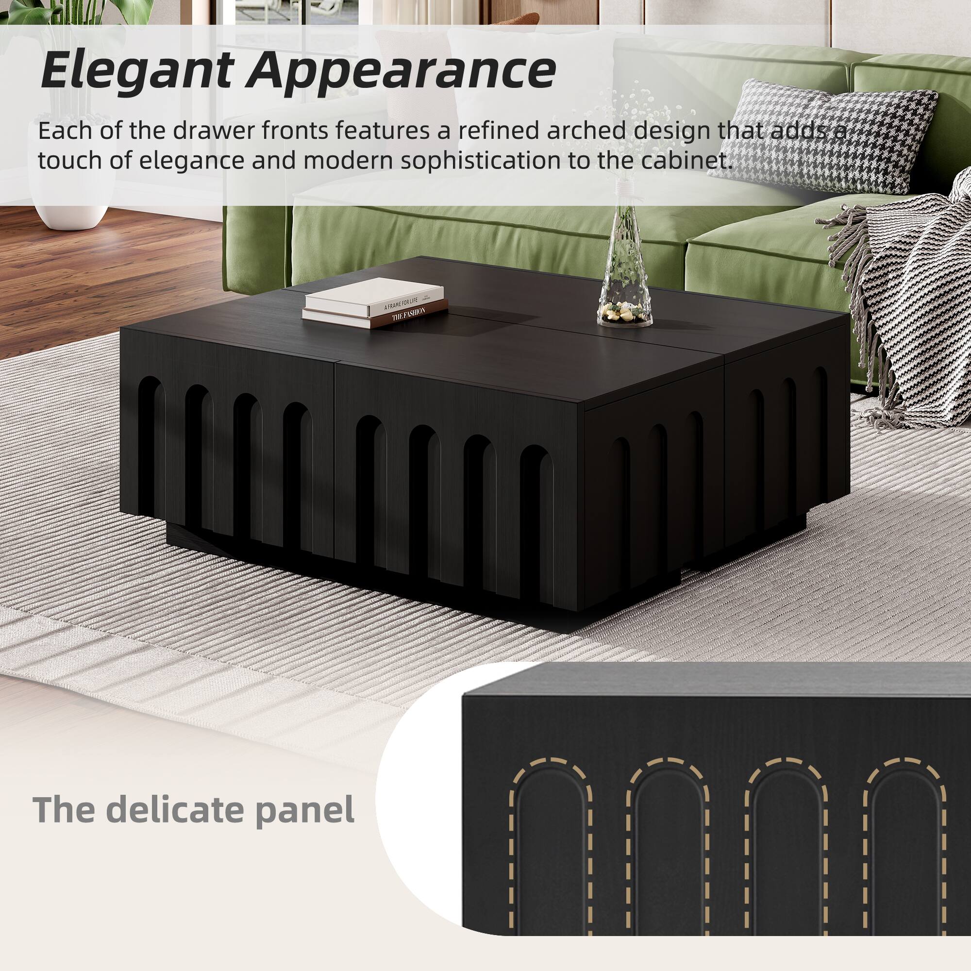 Elegant Appearance  
Each of the drawer fronts features a refined arched design that adds a touch of elegance and modern sophistication to the cabinet.

The delicate panel