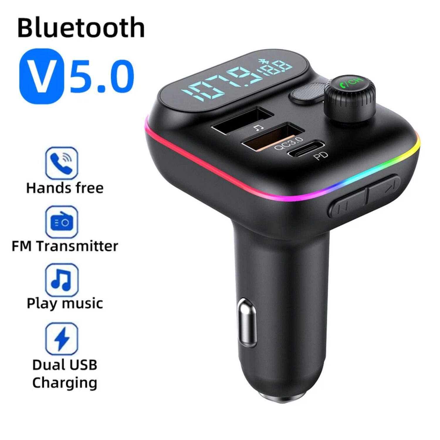 Bluetooth V 5.0  
- Hands free  
- FM Transmitter  
- Play music  
- Dual USB Charging  
- QC3.0 PD