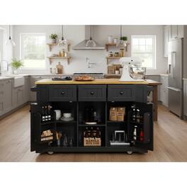 Forest'nSky - 53" Large Rolling Kitchen Island with Drop Leaf, Power Outlet, Internal Storage Rack, and 5 Open Side Racks - Black