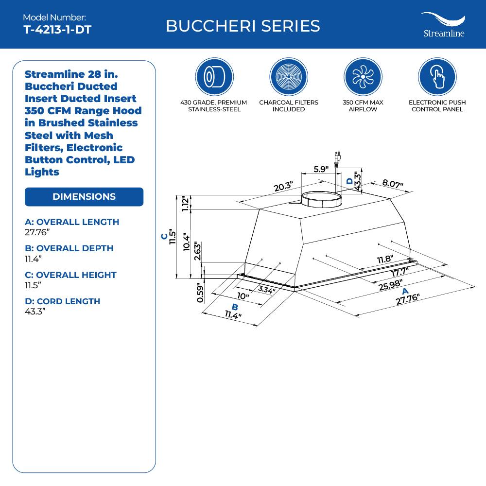 Model Number: T-4213-1-DT

BUCCHERI SERIES
Streamline
Streamline 28 in. Buccheri Ducted Insert Ducted Insert 350 CFM Range Hood in Brushed Stainless Steel with Mesh Filters, Electronic Button Control, LED Lights

DIMENSIONS
A: OVERALL LENGTH 27.76"
B: OVERALL DEPTH 11.4"
C: OVERALL HEIGHT 11.5"
D: CORD LENGTH 43.3"

430 GRADE, PREMIUM CHARCOAL FILTERS STAINLESS-STEEL INCLUDED

350 CFM MAX AIRFLOW
ELECTRONIC PUSH CONTROL PANEL

5.9" 20.3" 1.12" 11.5" 10.4" 2.63" 0.59" 3.34" 10" 11.4" 8.07" 11.8" 17.7" 25.98" A 27.76"