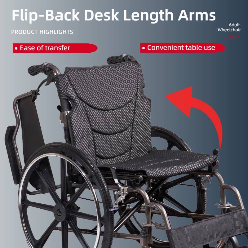 Flip-Back Desk Length Arms  
Adult Wheelchair  

PRODUCT HIGHLIGHTS  
- Ease of transfer  
- Convenient table use