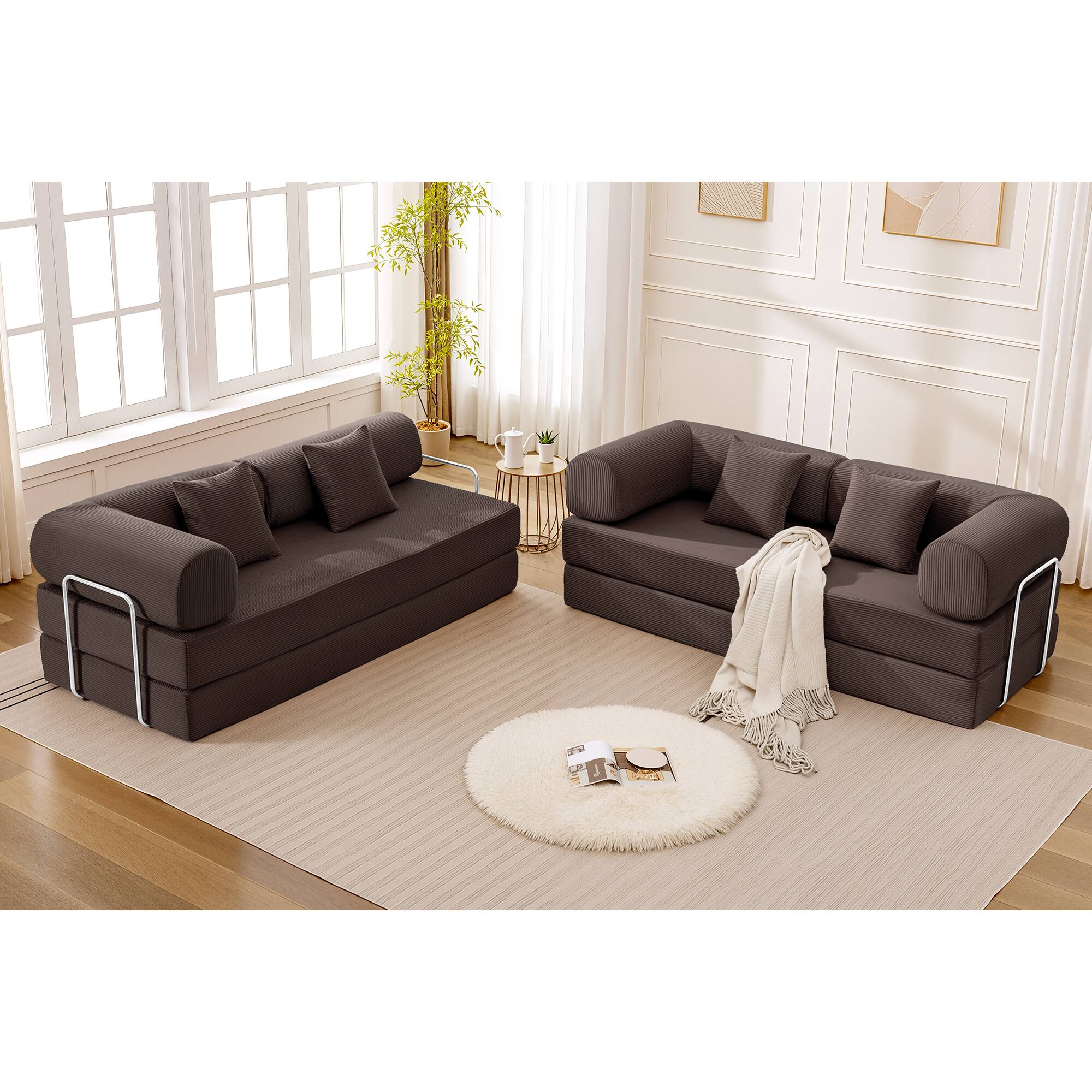 Alt View 9. KERDOM - Upholstered L Shaped Modular Sofa Bed with Chaise, Corduroy Folding Floor Convertible Sofa Couch Bed for Living Room - Coffee.