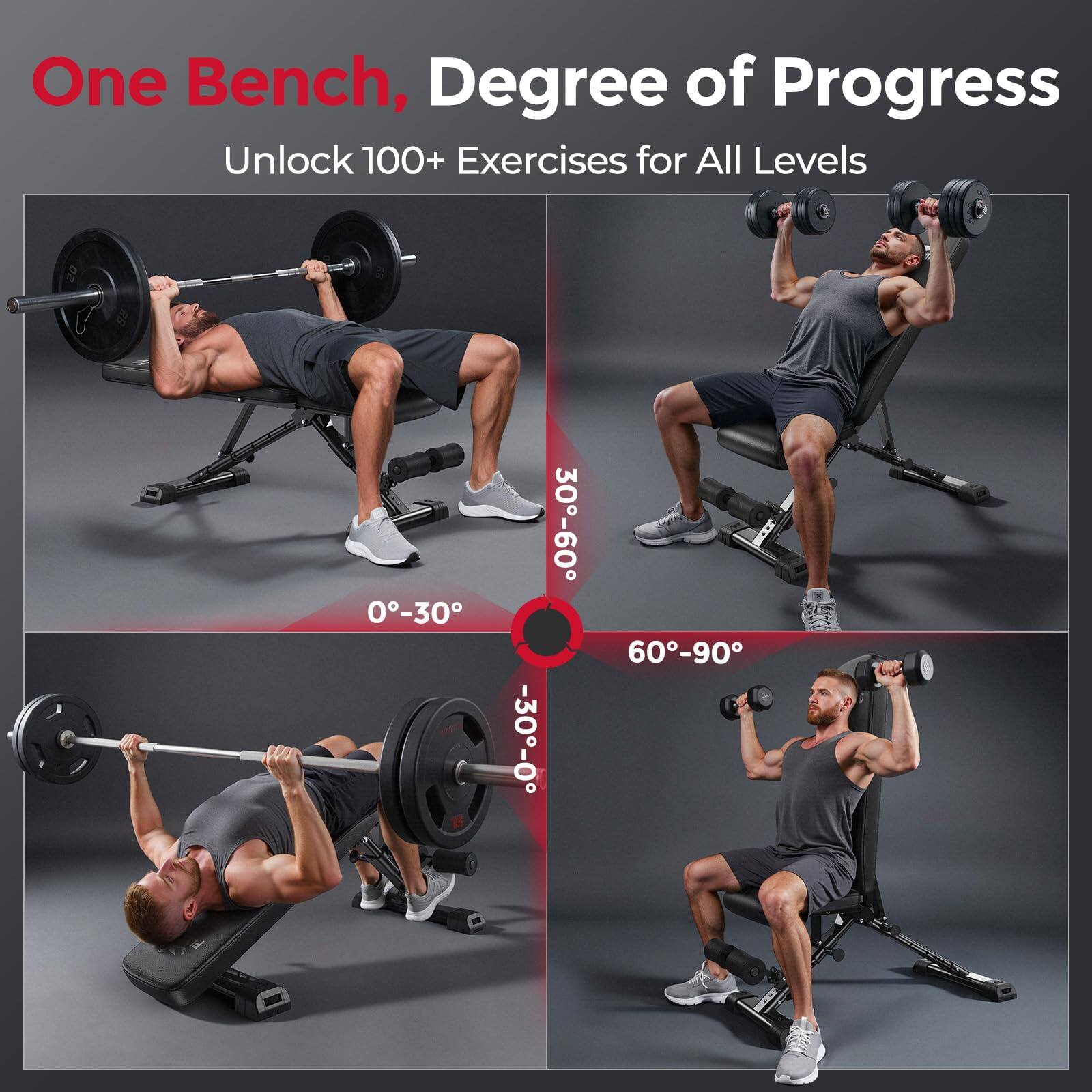 One Bench, Degree of Progress  
Unlock 100+ Exercises for All Levels  

0°-30°  
-30°-0  
30°-60°  
60°-90°