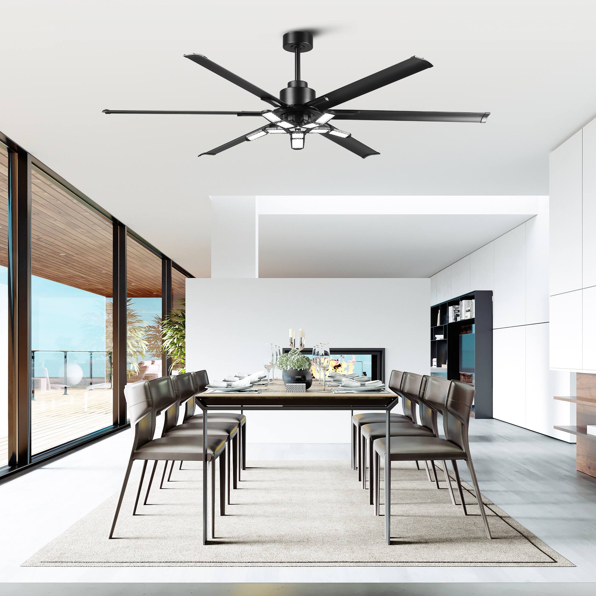 Back. Parrot Uncle - 72''Black Industrial HVLS Large Ceiling Fan with Foldable LED and Remote Control - Black.