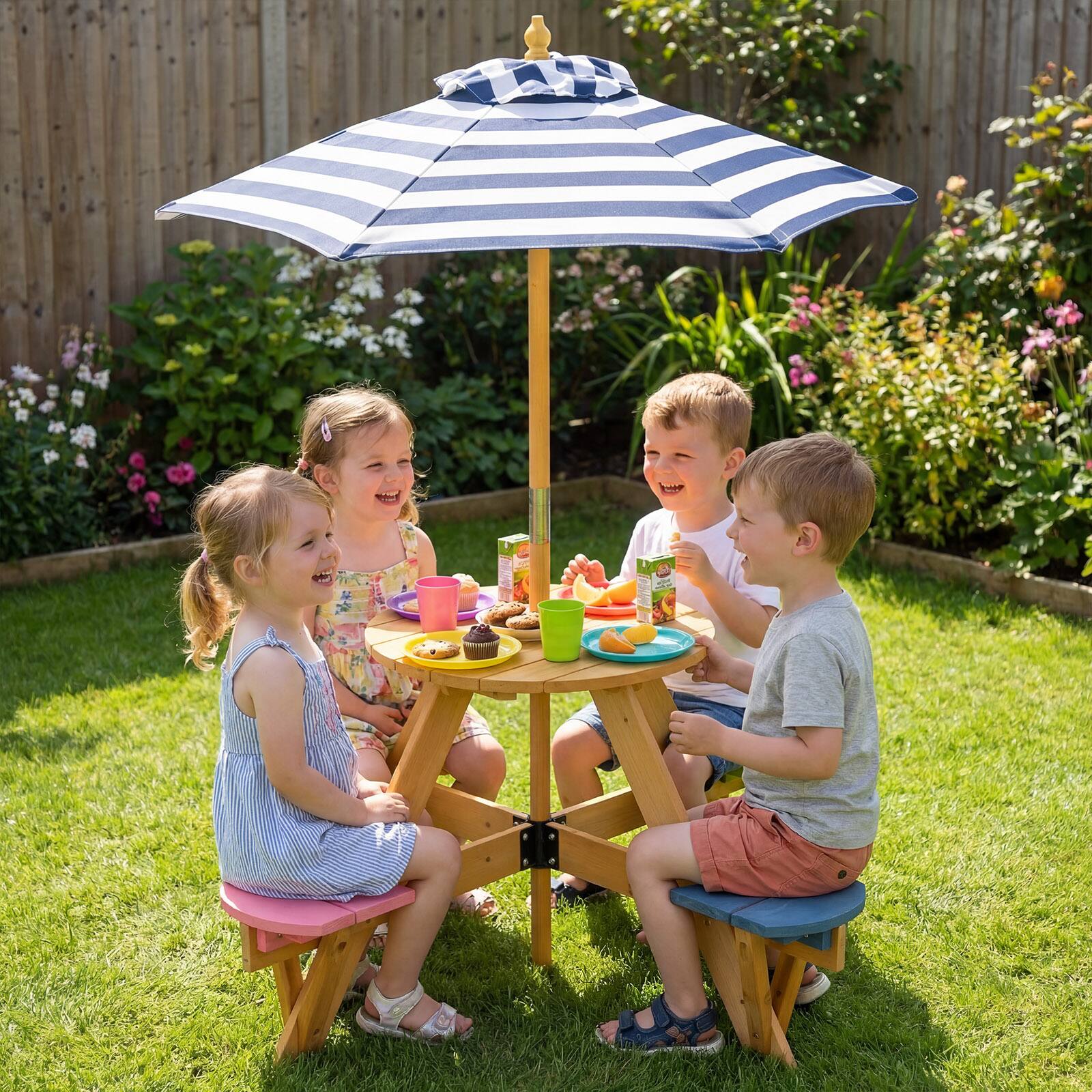 Alt View 3. Gymax - Gymax Kids Picnic Table w/ Stools Wooden Activity Desk Set w/ Foldable Umbrella - Multicolor.