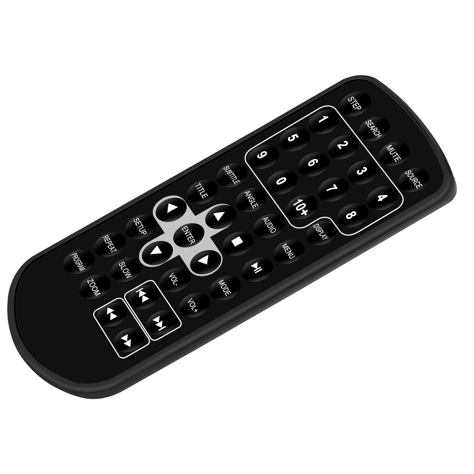 Sure, here is the corrected and grouped text from the image:

- SETUP
- REPEAT
- PROGRAM
- SLOW
- ZOOM
- STEP
- SEARCH
- MUTE
- SUBTITLE
- TITLE
- ANGLE
- AUDIO
- DISPLAY
- ENTER
- MENU
- VOL-
- VOL+
- MODE
- SOURCE
- 1
- 2
- 3
- 4
- 5
- 6
- 7
- 8
- 9
- 0
- 10+
- STEP
- SEARCH
- MUTE
- SOURCE
- TITLE
- ANGLE
- AUDIO
- DISPLAY
- ENTER
- MENU
- VOL-
- VOL+
- MODE