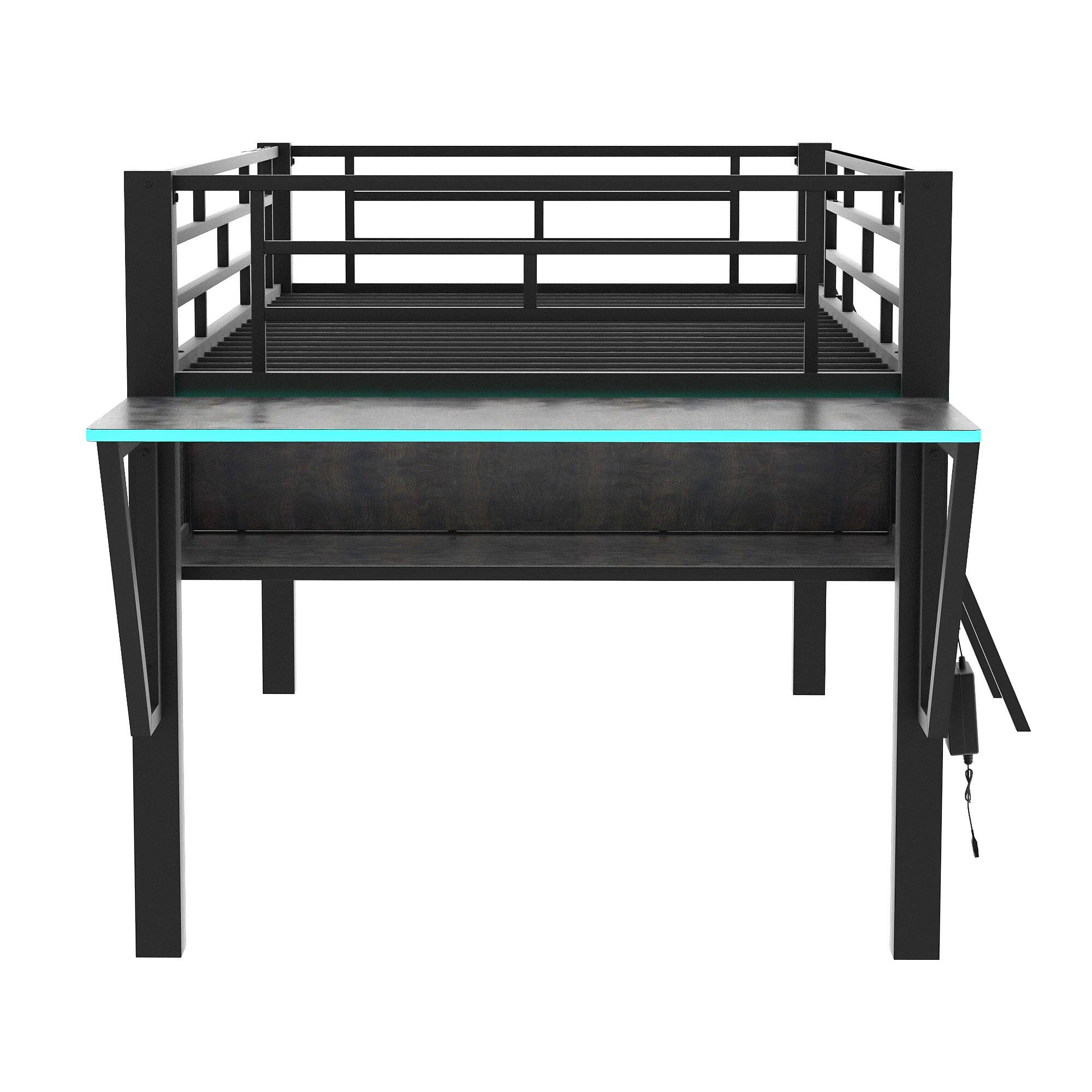 Back. PexFix - Loft Gaming Bed with Desk & Storage, LED Kids Bed Frame with Sturdy Metal Construction for Small Bedrooms - Black.