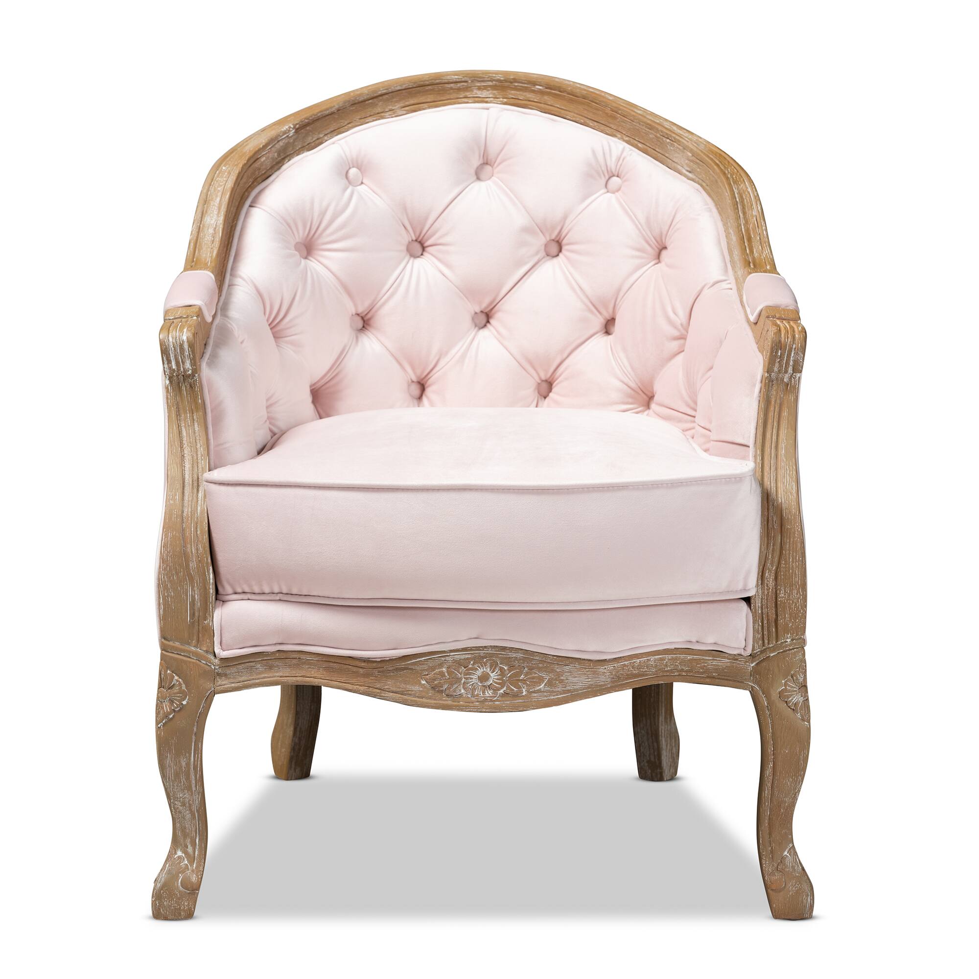 Angle. Baxton Studio - Genevieve Traditional French Provincial Pink Velvet Upholstered White-Washed Oak Wood Armchair - Light Pink/Oak.