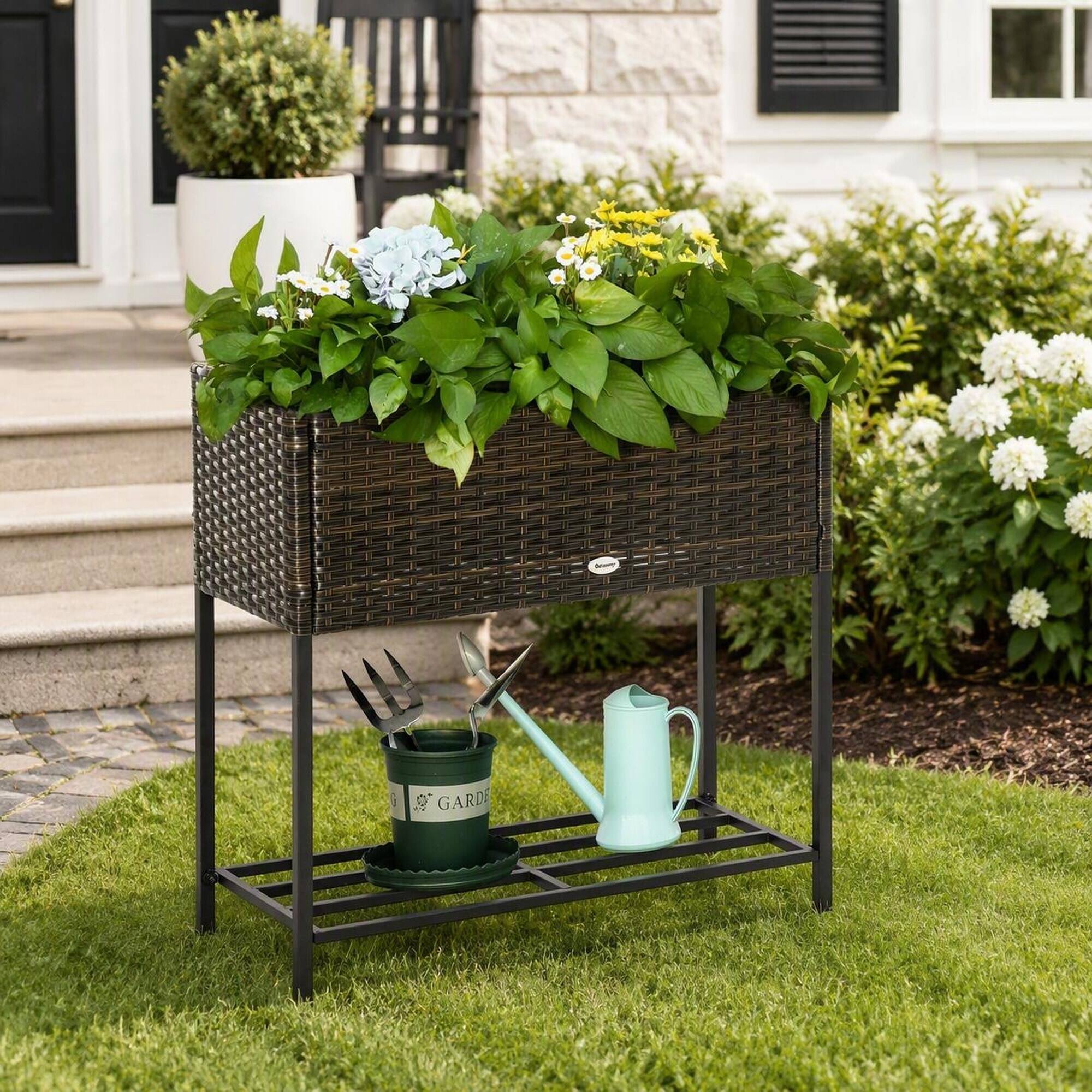 Alt View 1. RYHNUYNE - Outsunny Raised Garden Bed, Elevated Planter Box with Rattan Wicker Look, Tool Storage Shelf, Portable Design - Brown.