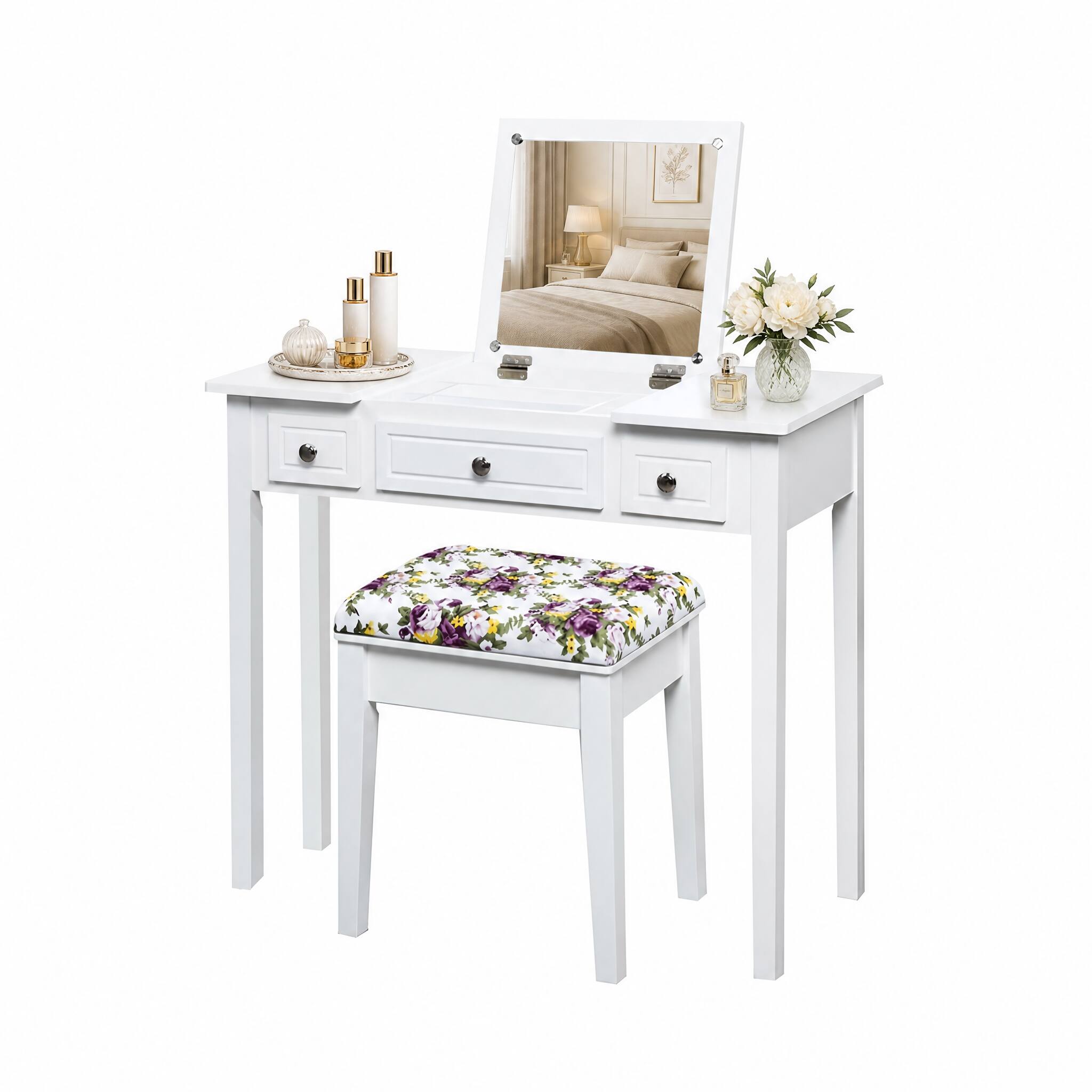 Left. WELLFOR - Flip‑Top Mirror Vanity Dressing Table Set with 3 Drawers &Cushioned Stool, Makeup Vanity Table Set with Solid Wood Legs - White.