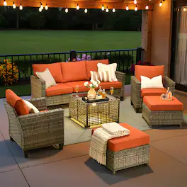 Ovios - 6 PCS Patio Furniture Conversation Set 3 Seat Sofa Comfy Armchair with Coffee Table & Ottoman - Orange Red